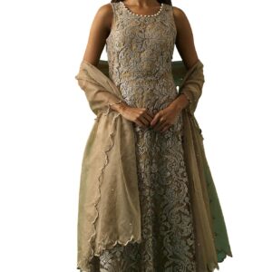 Women's Beige Embroidered Anarkali Dress with Churidar and Dupatta Set - (SP11508-401099)