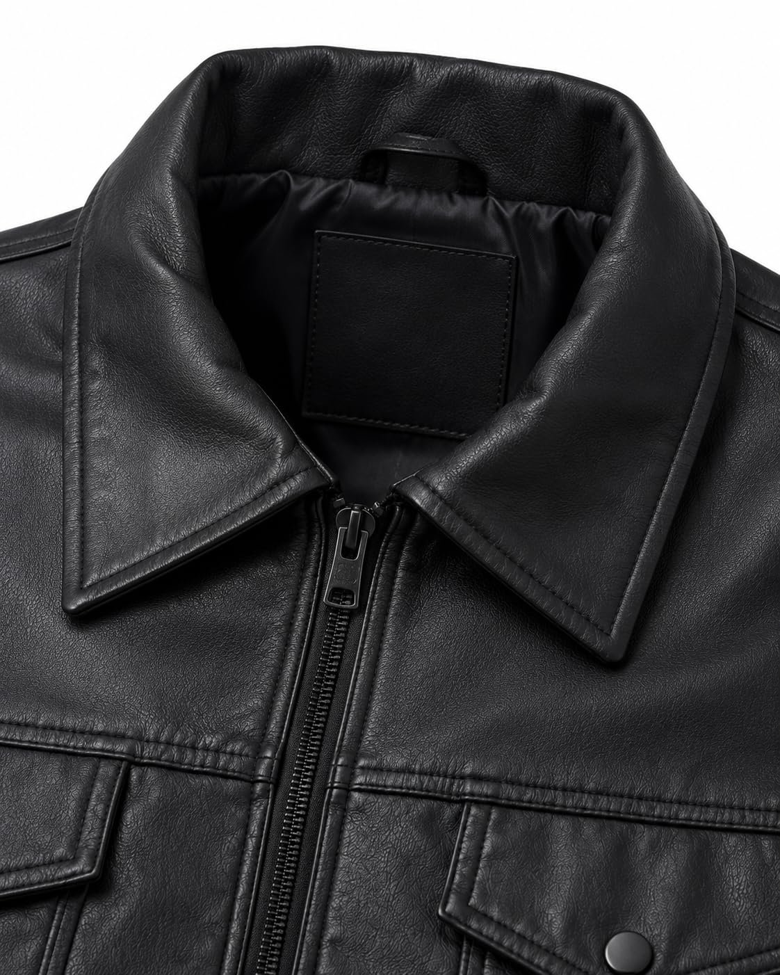 Men's Casual Black Faux Leather Jacket | Shirt Collar Fashion Jacket with Chest Pockets (IN, Alpha, Regular)