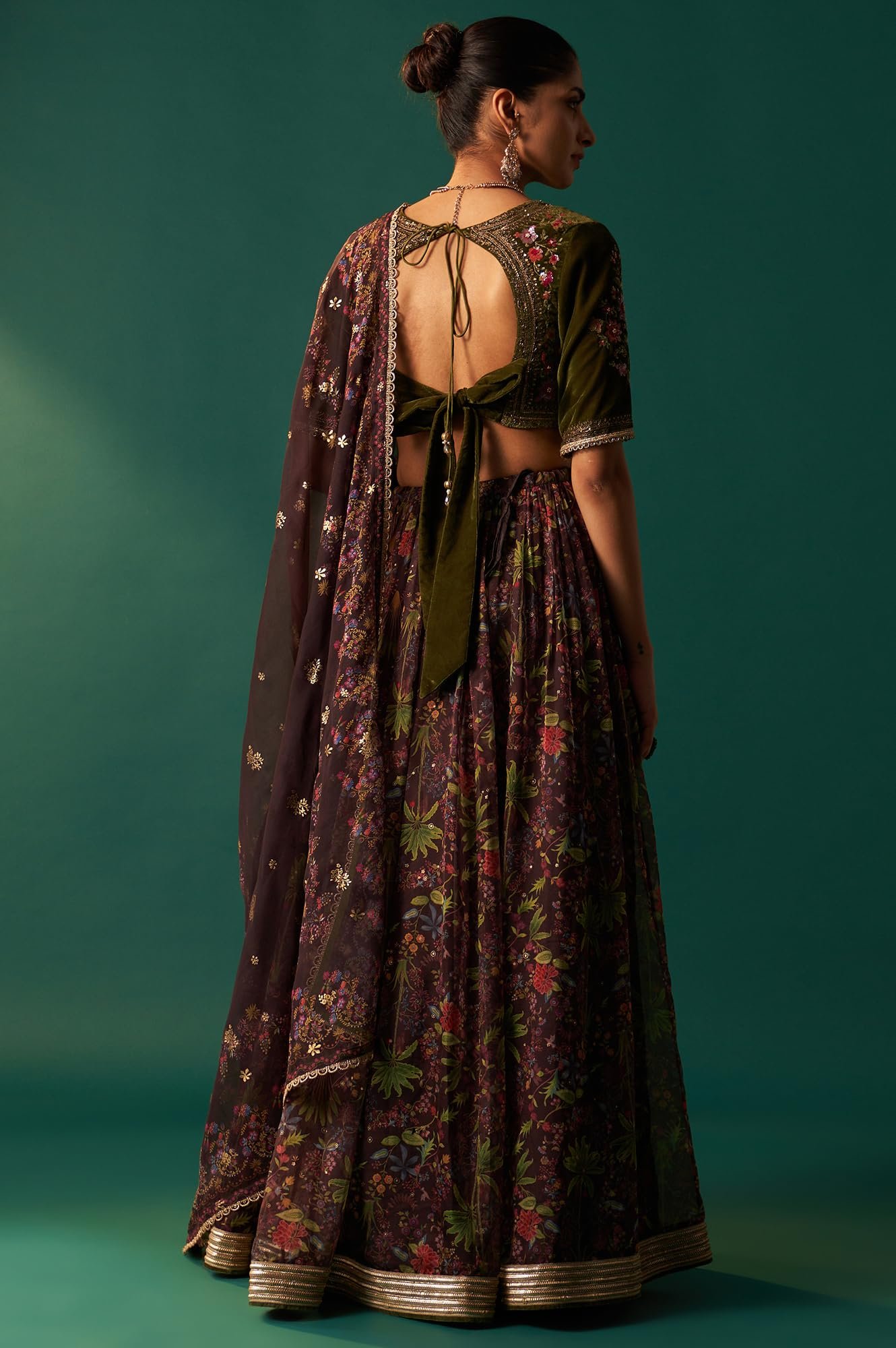 Women's Green Embroidered Velvet Blouse with Floral Printed Skirt and Dupatta Set (SP12875-223812)