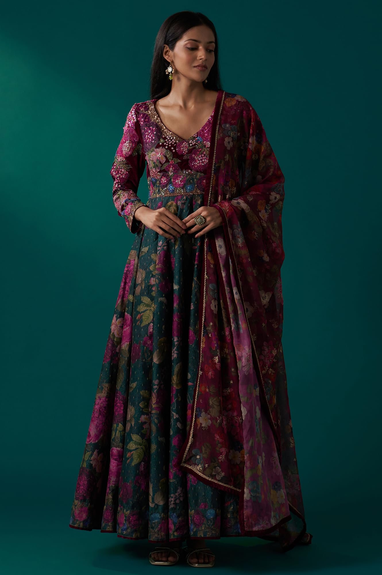 Women's Green Floral Printed Sequined Yoke Festive Anarkali Dress with Churidar and Dupatta Set (SP12848-126754)