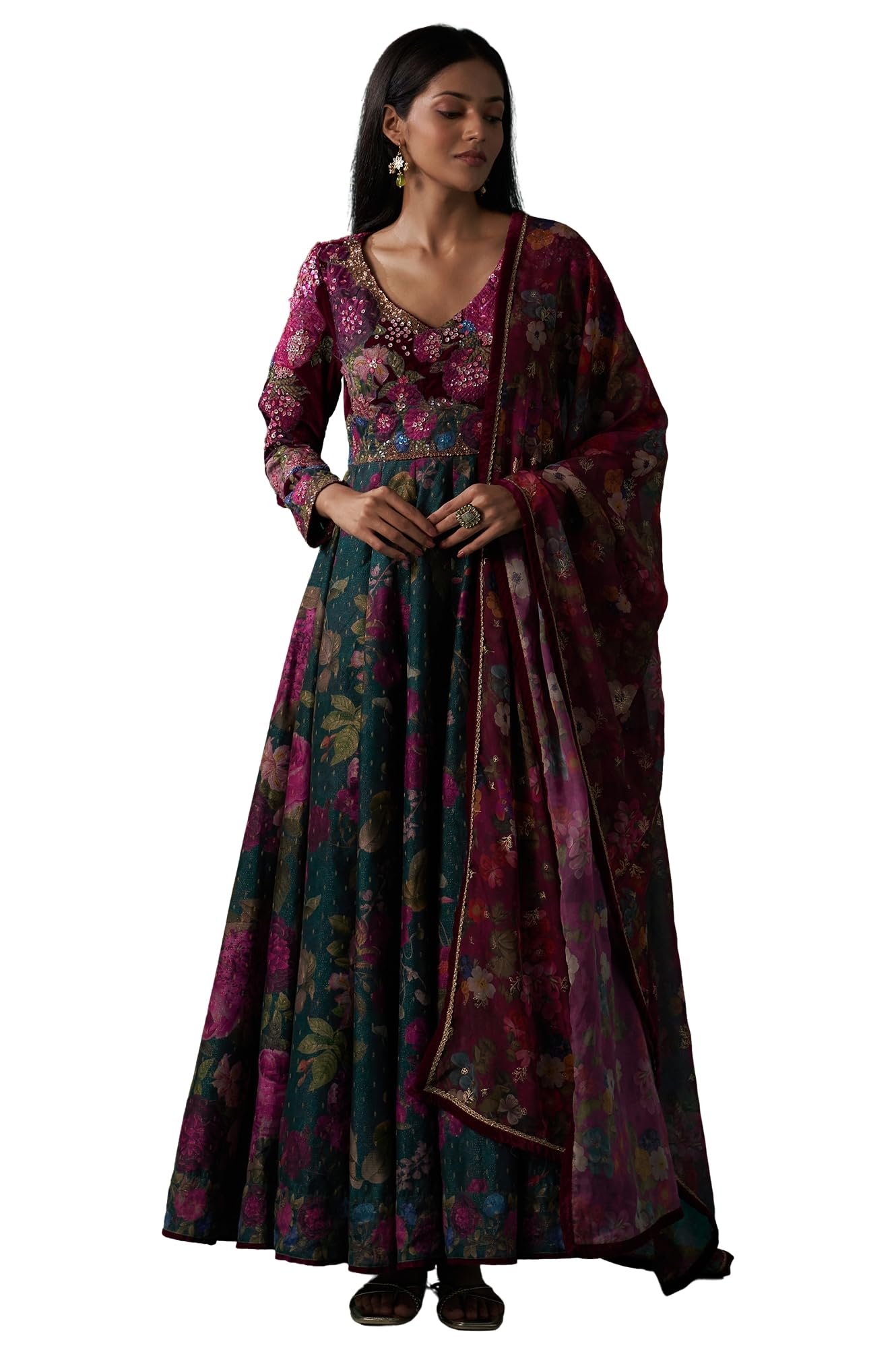 Women's Green Floral Printed Sequined Yoke Festive Anarkali Dress with Churidar and Dupatta Set (SP12848-126754)