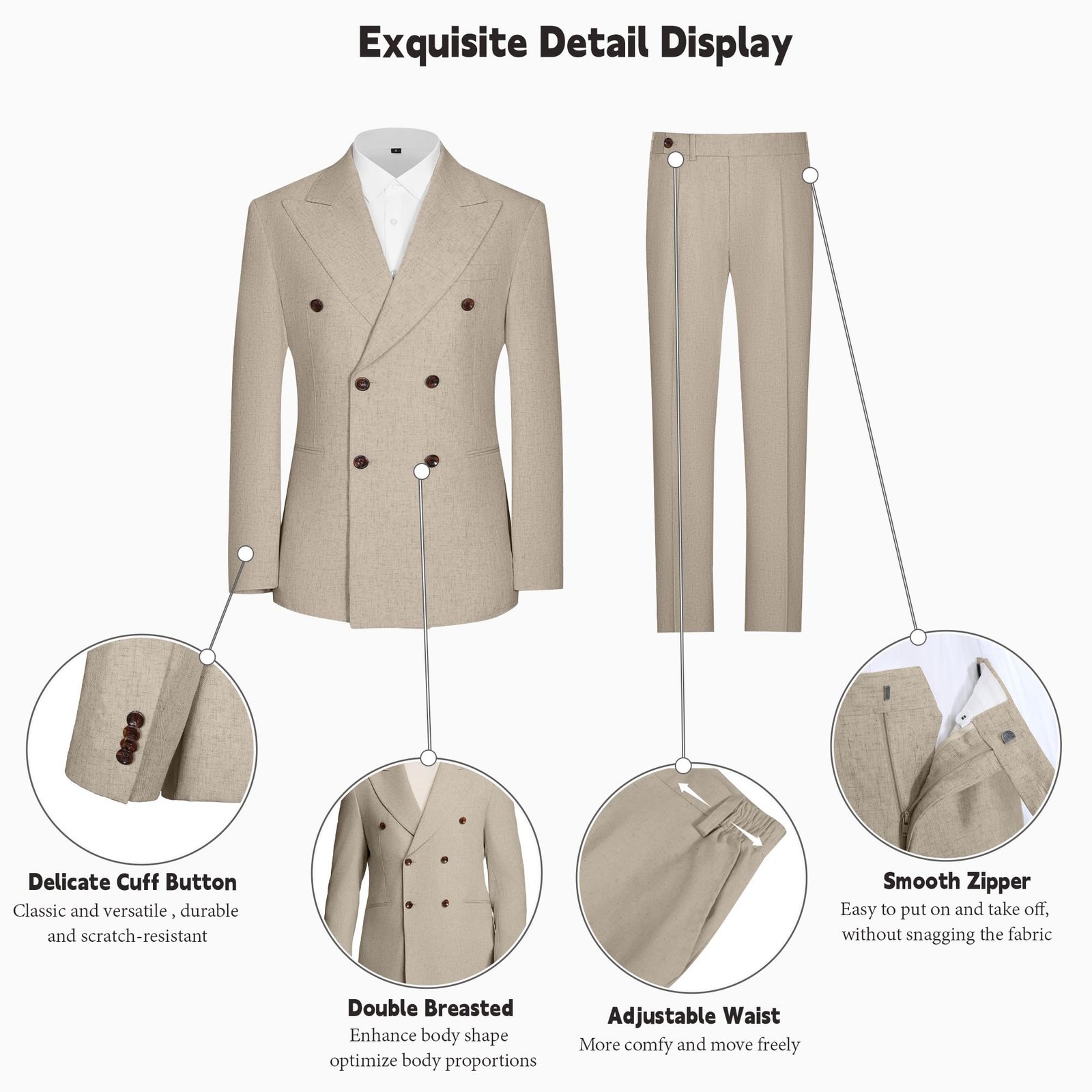 Mens Suits Linen 2 Piece Suit for Men Peak Lapel Slim Fit Suits Set Double Breasted Tuxedos for Wedding Prom, Beige