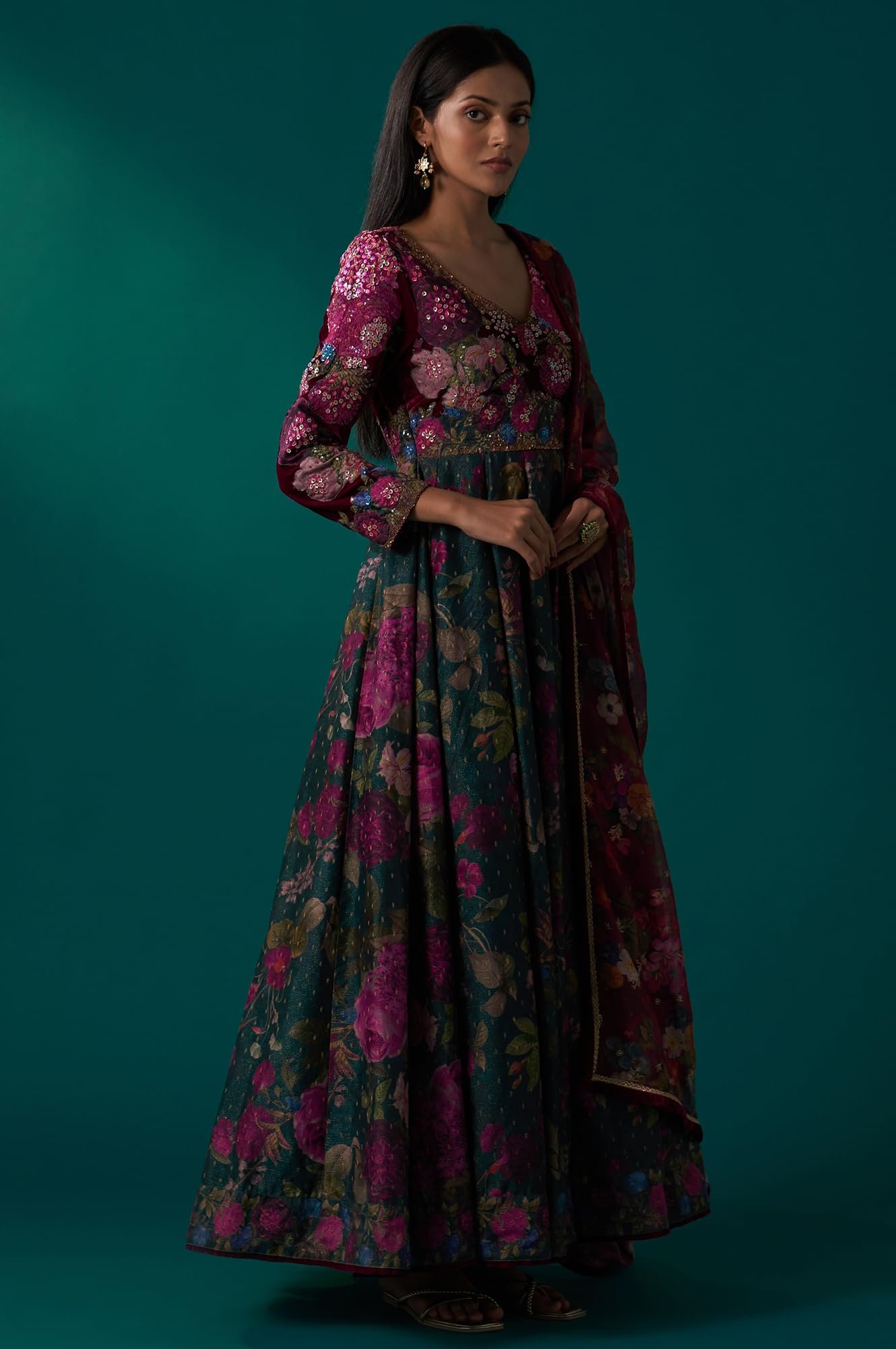 Women's Green Floral Printed Sequined Yoke Festive Anarkali Dress with Churidar and Dupatta Set (SP12848-126754)