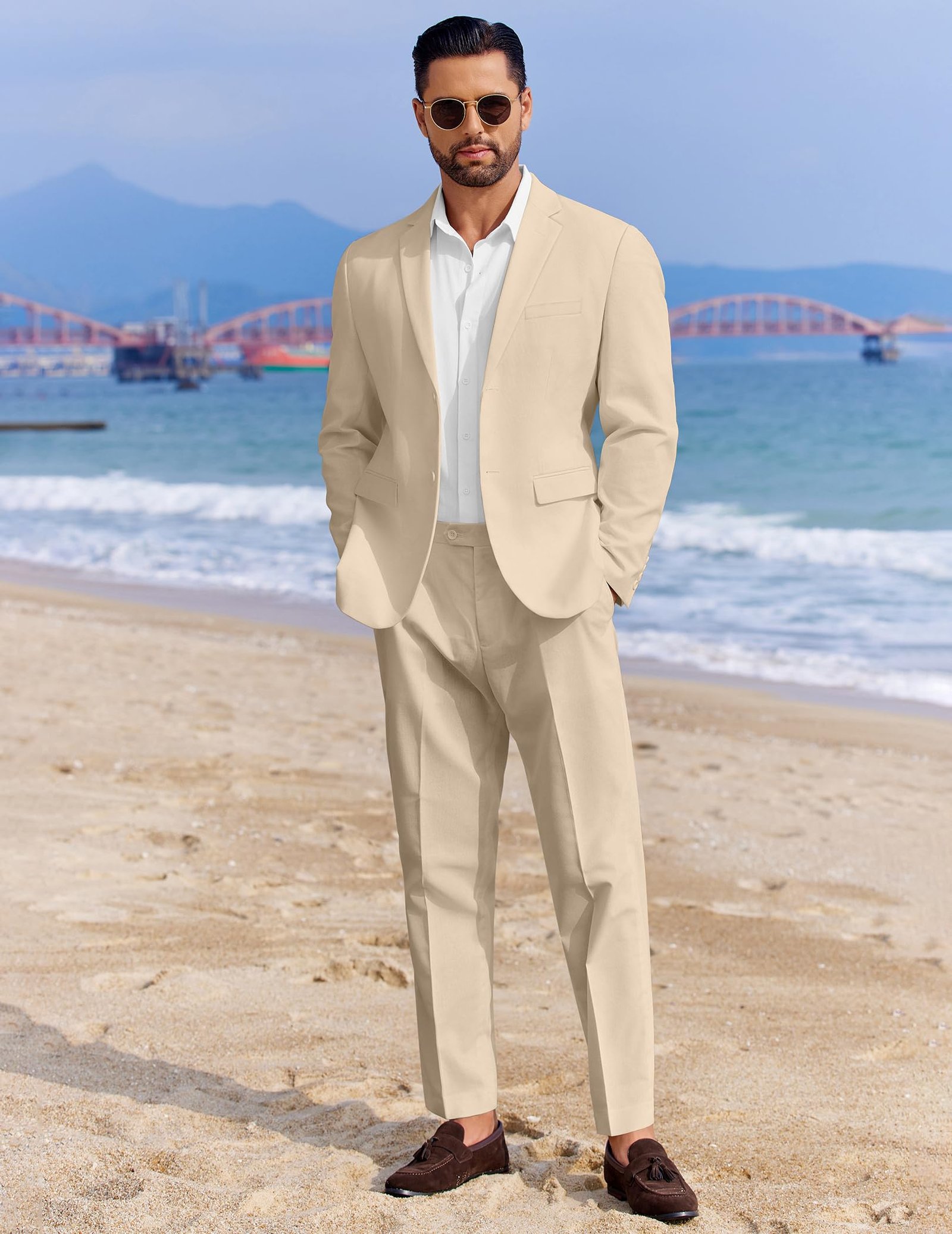 Men 2 Piece Cotton Linen Suits Set Casual Lightweight Blazer Jacket Regular Fit Suit Pants, Khaki