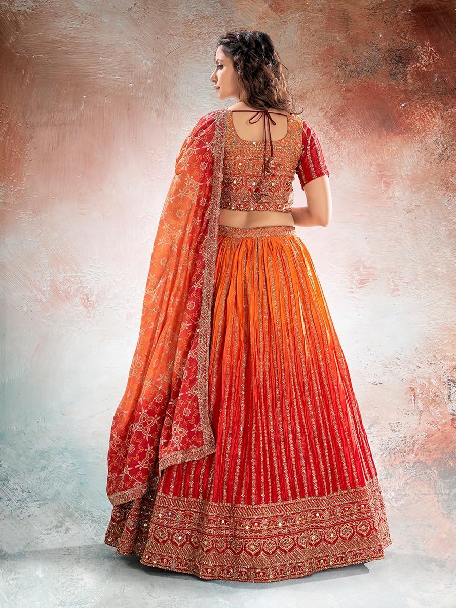 Women’s Chinon Silk Lehenga Choli with Dupatta, Semi-Stitched Designer Ethnic Lehenga Set for Wedding, Party & Festive (1pc)