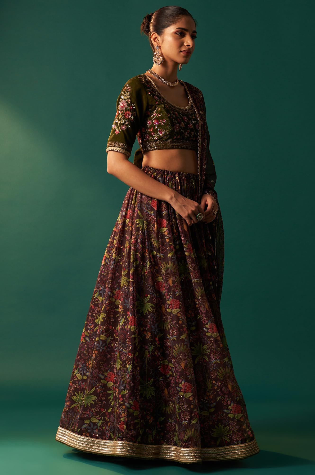 Women's Green Embroidered Velvet Blouse with Floral Printed Skirt and Dupatta Set (SP12875-223812)