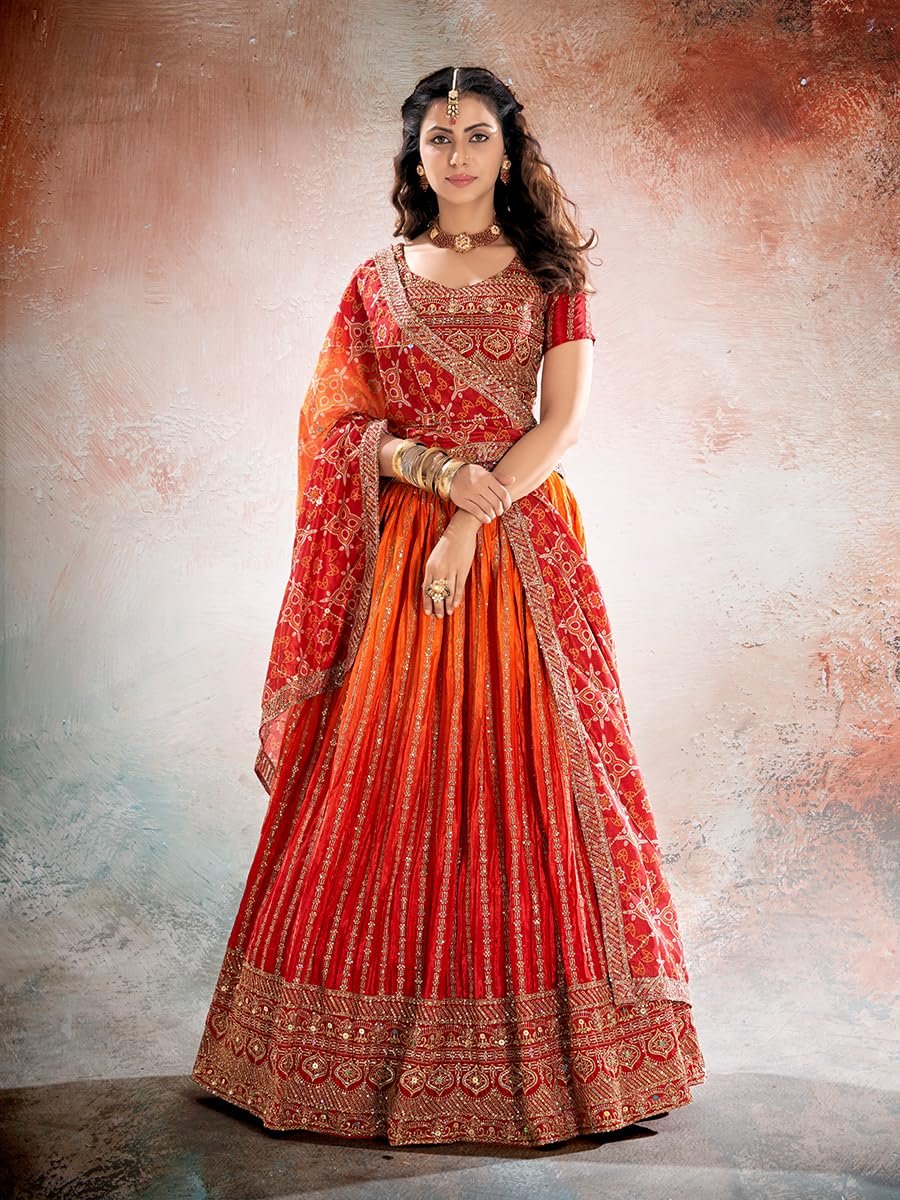 Women’s Chinon Silk Lehenga Choli with Dupatta, Semi-Stitched Designer Ethnic Lehenga Set for Wedding, Party & Festive (1pc)
