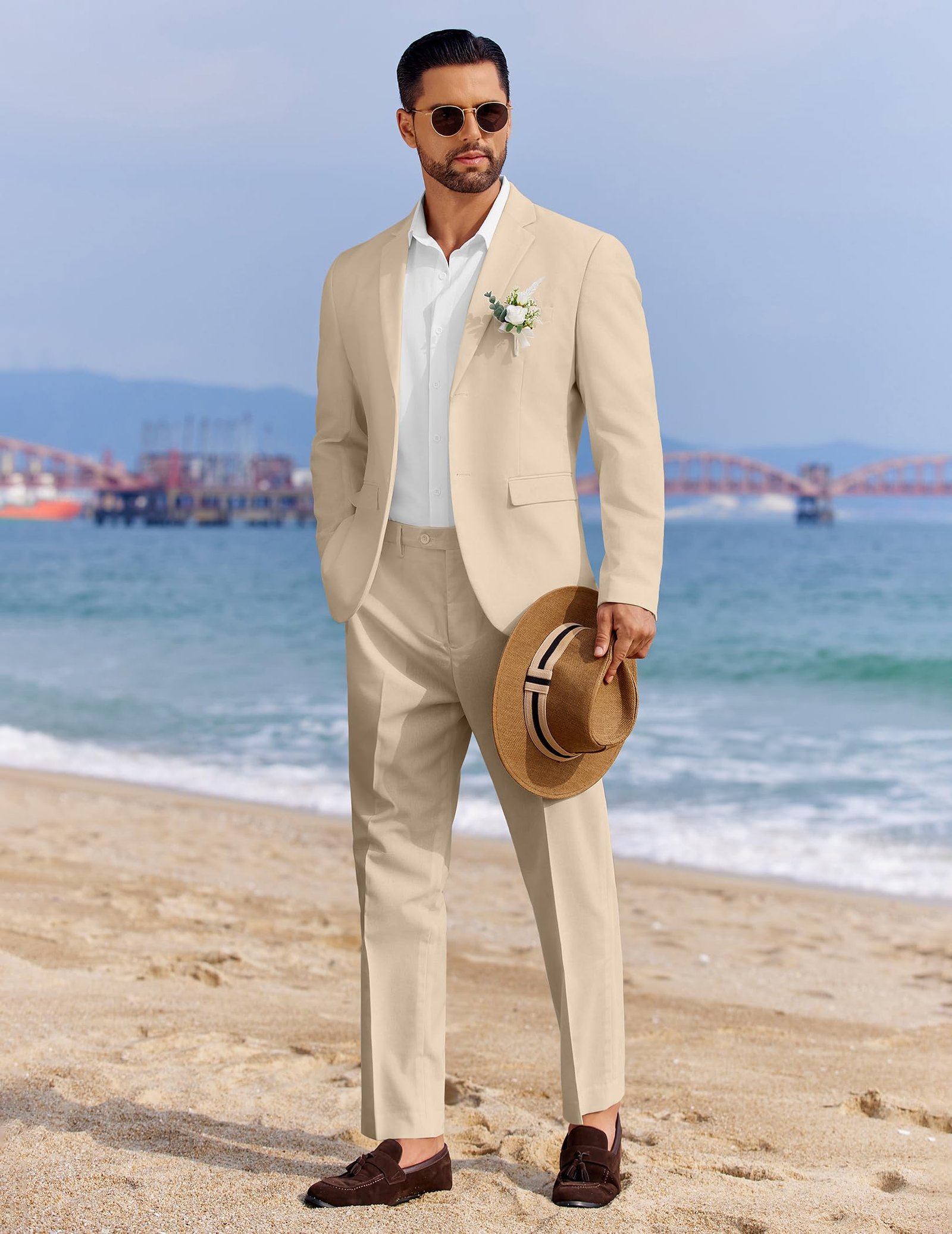 Men 2 Piece Cotton Linen Suits Set Casual Lightweight Blazer Jacket Regular Fit Suit Pants, Khaki