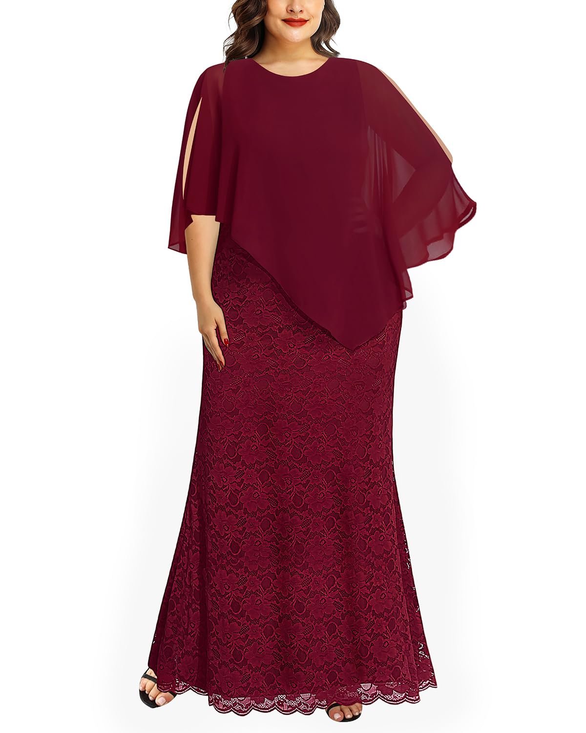 Women's Plus Size Cape Dress with Chiffon Overlay Gown Formal Evening Lace Long Mermaid Dresses 2025, Burgundy, 22 Plus