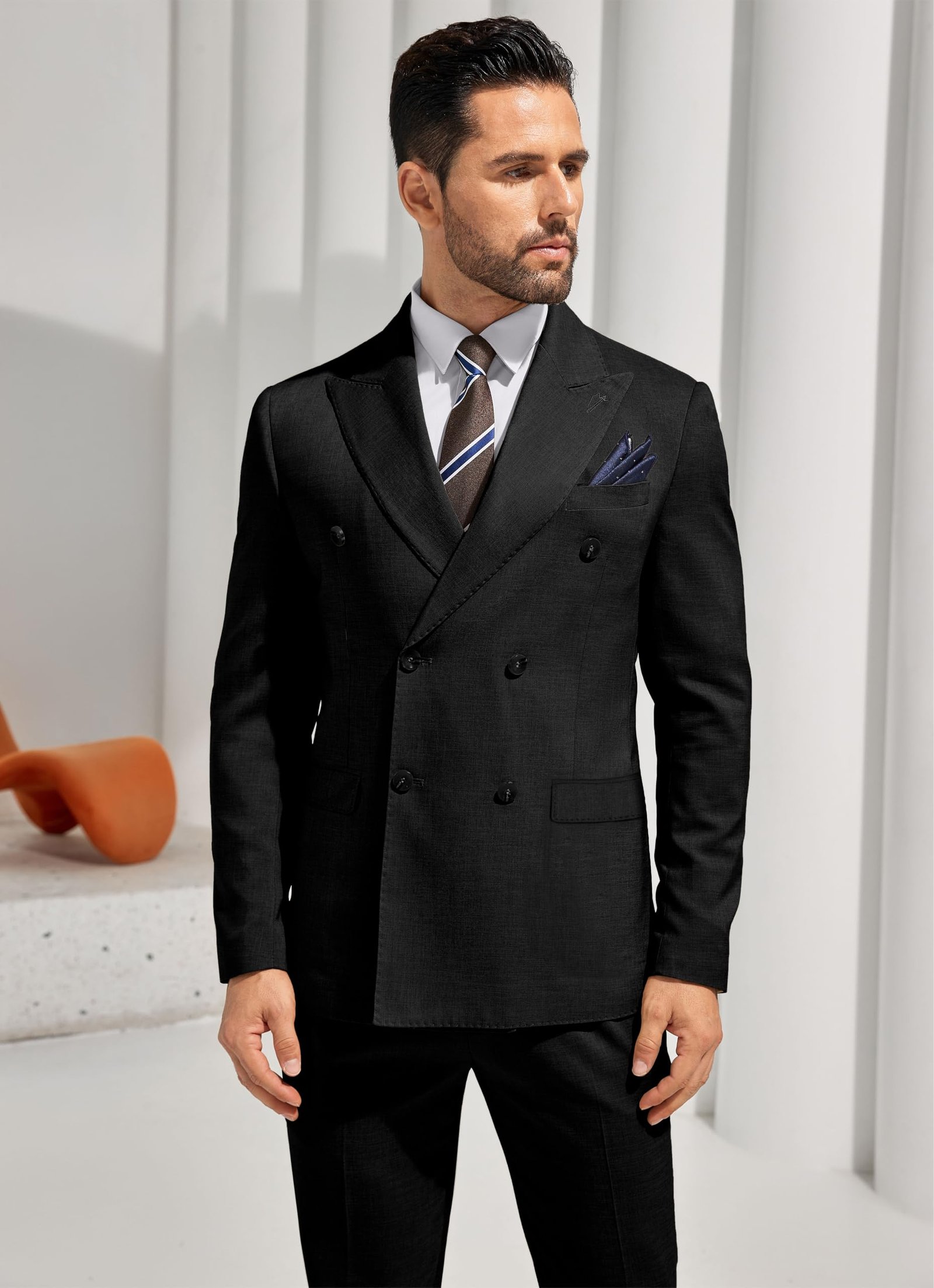 Mens Double Breasted Suit Slim Fit Solid Suit Jacket and Dress Pants 2 Piece Set Prom Wedding Suits for Men, Black