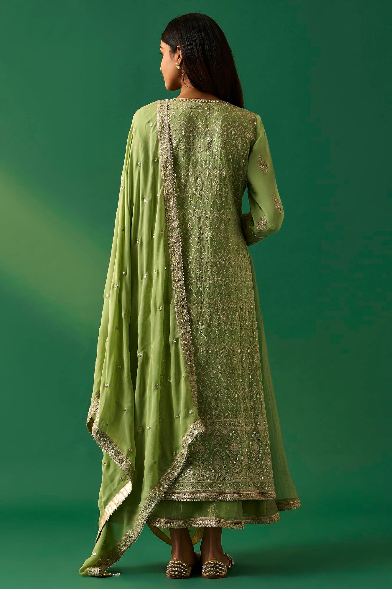 Women's Green Embroidered Anarkali Dress with Churidar and Dupatta Set - (SP12858-401187)