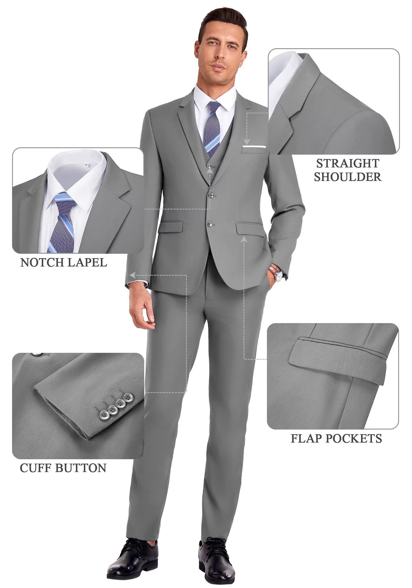 Men's 3-Piece Slim Fit Gray Suit Set, Chest44''/Waist38''