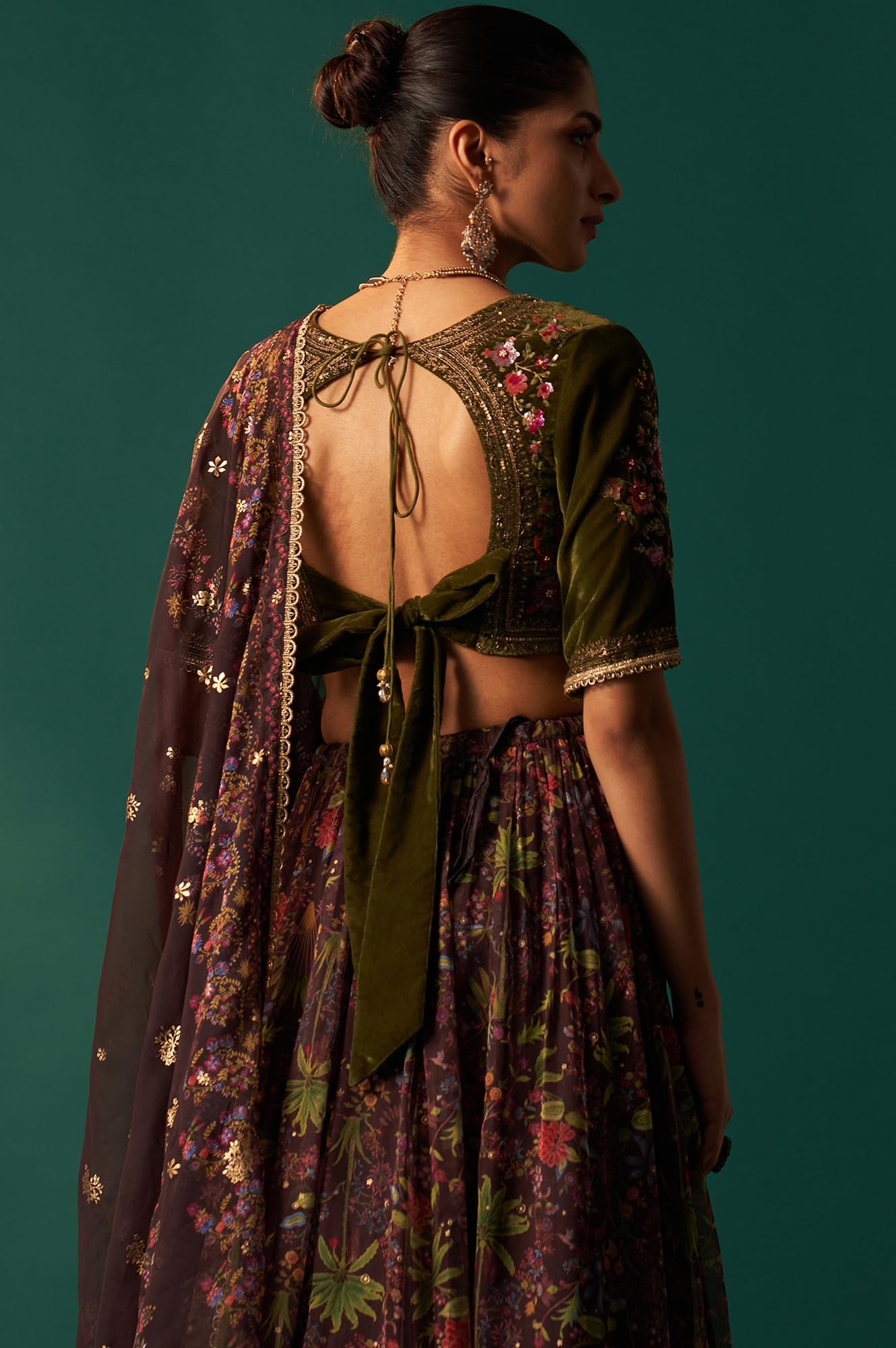 Women's Green Embroidered Velvet Blouse with Floral Printed Skirt and Dupatta Set (SP12875-223812)