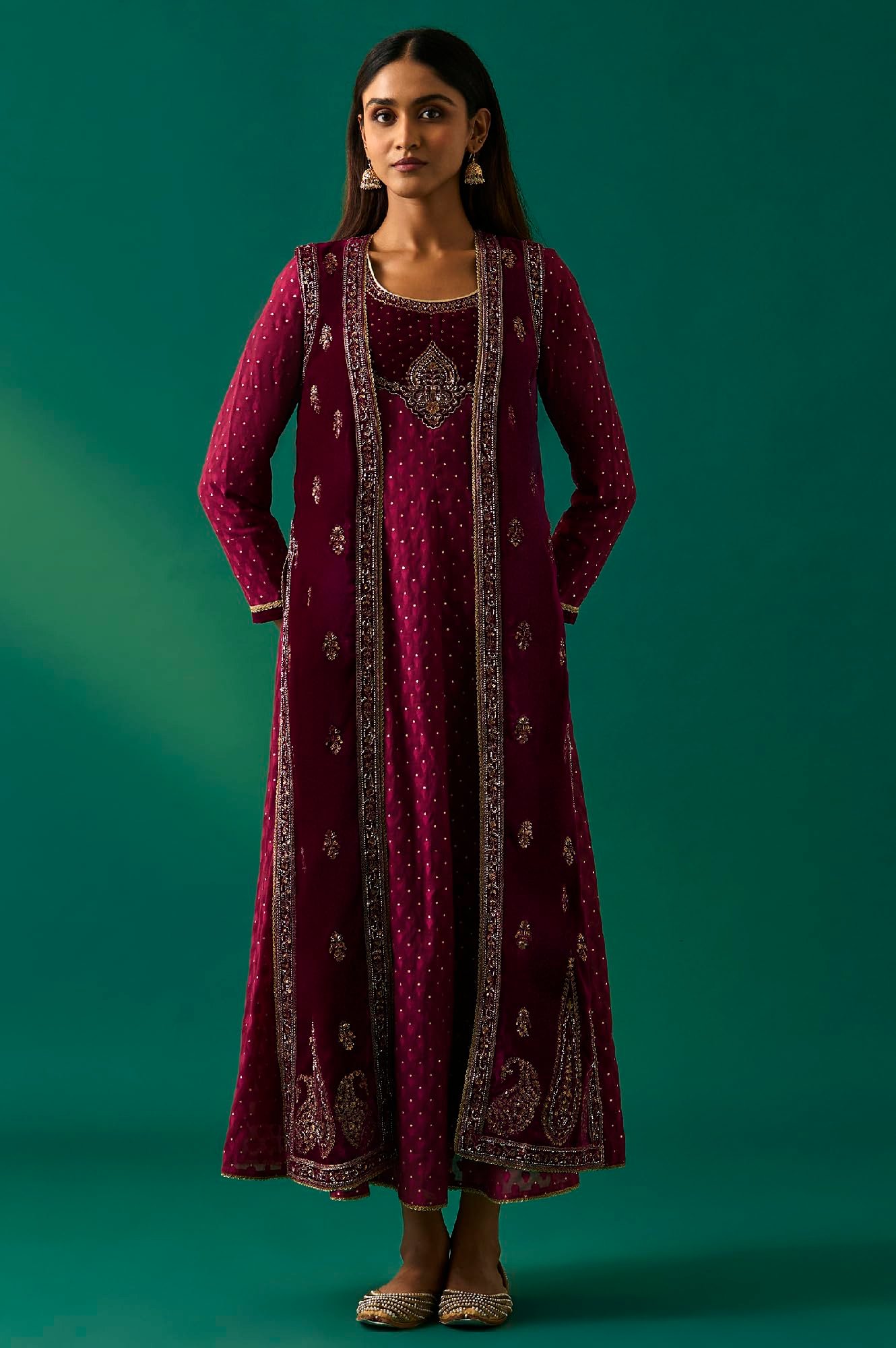 Women's Maroon Embroidered Anarkali Gilet with Dress and Churidar Set - (SP12855-218120)