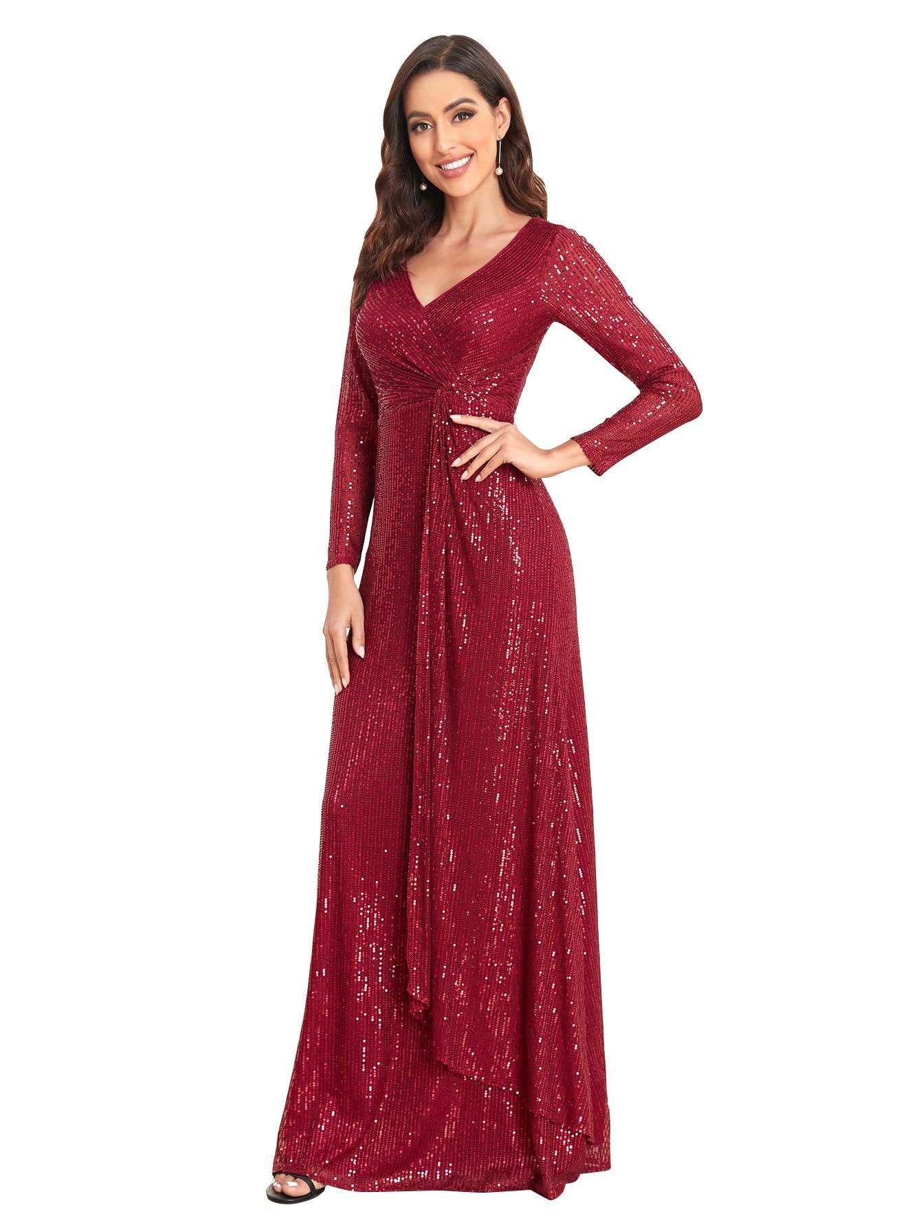 Glitter Sequin Formal Evening Gown Long Sleeve V Neck Wedding Guest Dress for Women, Burgundy, X-Large
