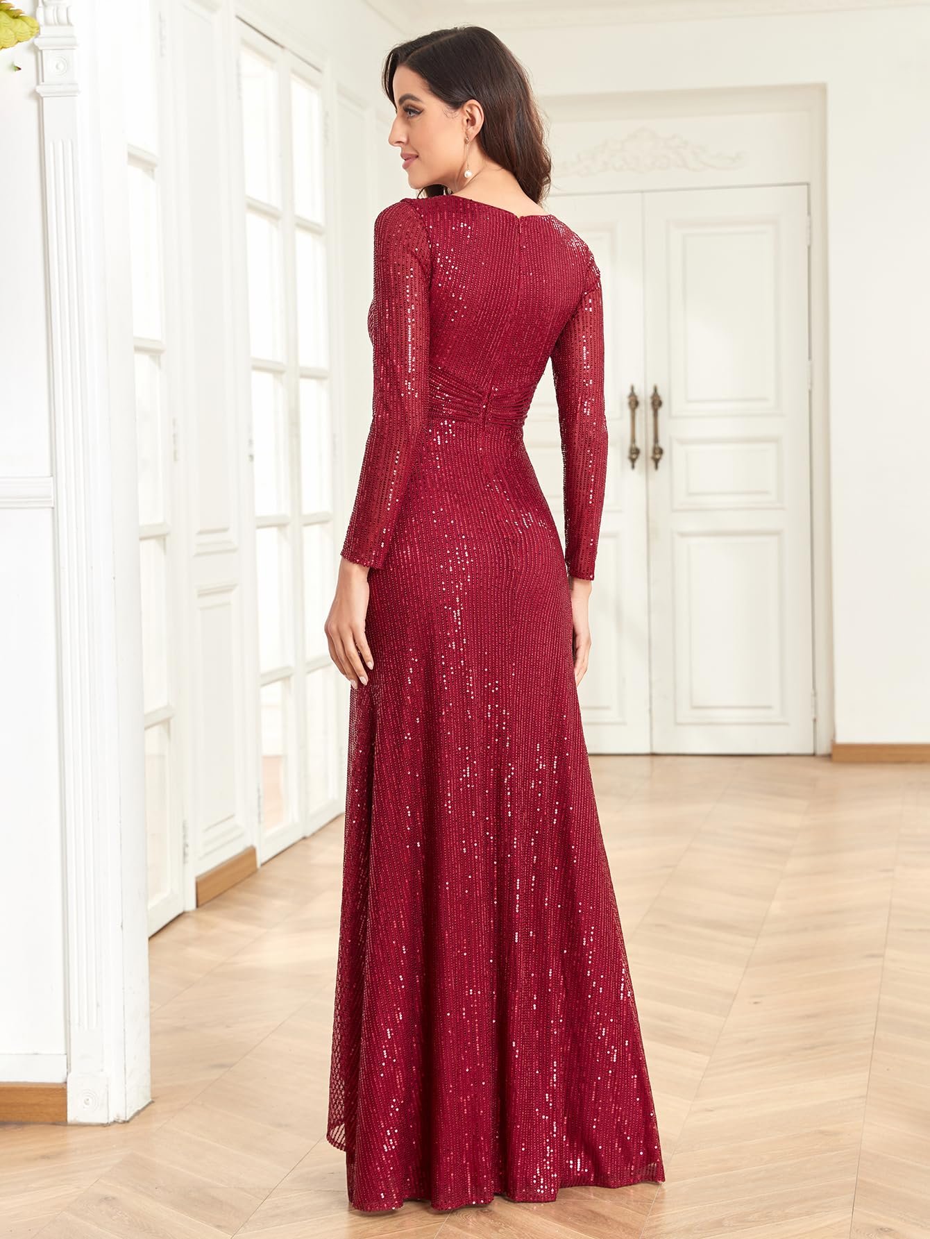Glitter Sequin Formal Evening Gown Long Sleeve V Neck Wedding Guest Dress for Women, Burgundy, X-Large