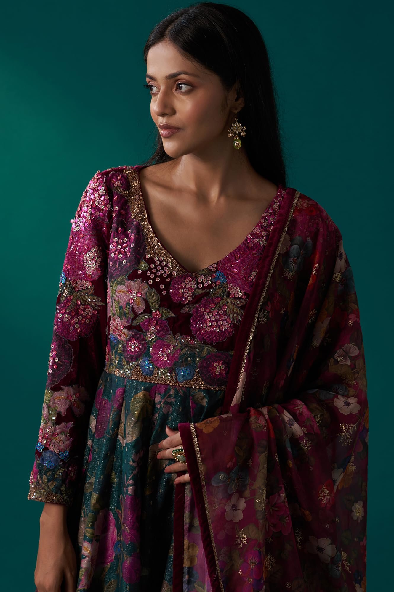Women's Green Floral Printed Sequined Yoke Festive Anarkali Dress with Churidar and Dupatta Set (SP12848-126754)