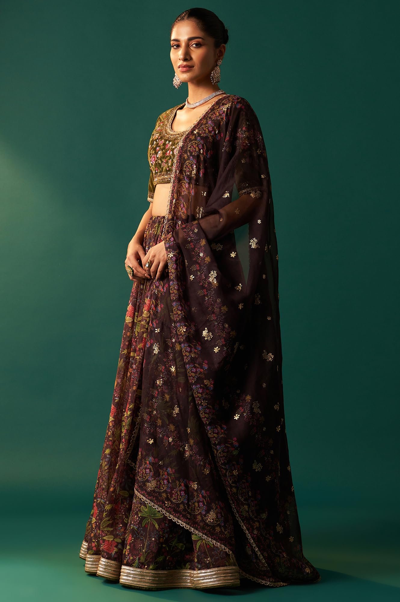 Women's Green Embroidered Velvet Blouse with Floral Printed Skirt and Dupatta Set (SP12875-223812)