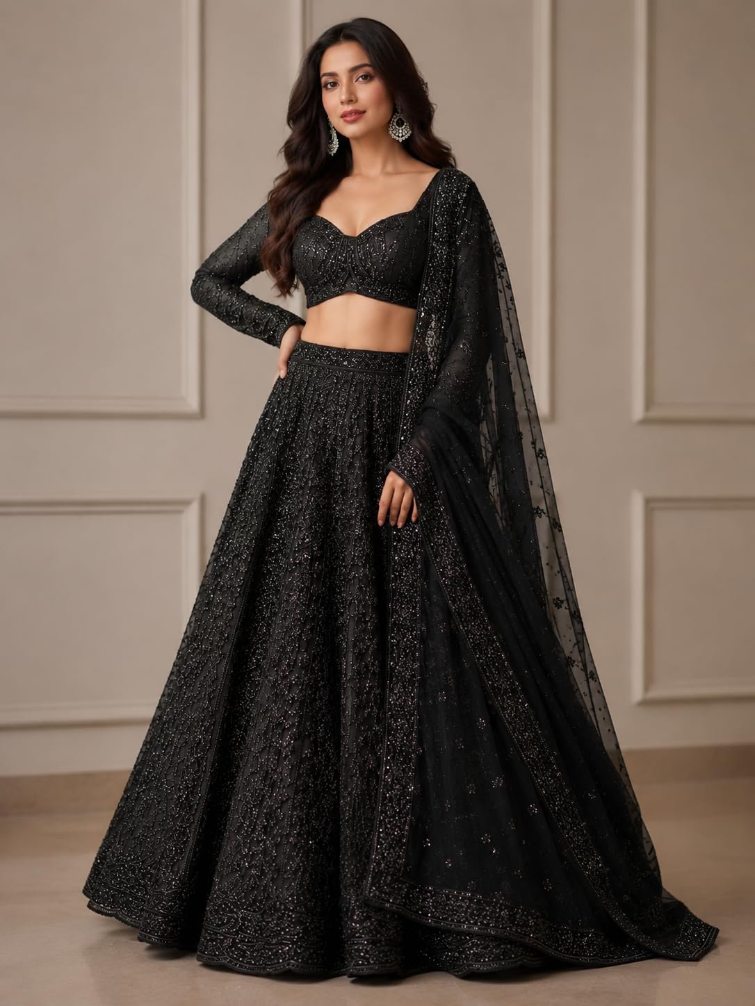 Black Georgette Lehenga Choli Set for Women, Ethnic Style, Handwork Embroidery, Wedding Occasion, 3 Piece Set (Black)
