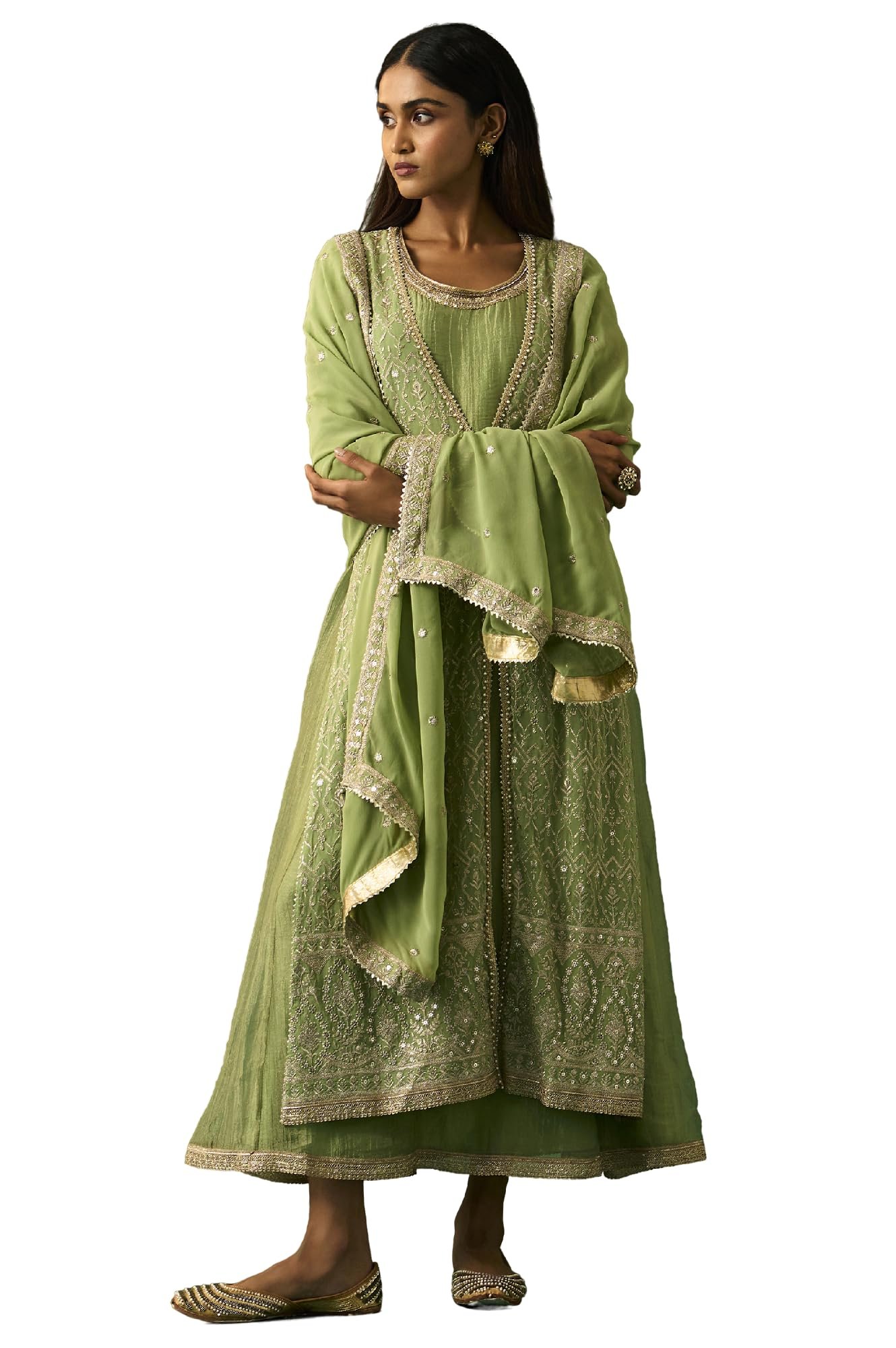 Women's Green Embroidered Anarkali Dress with Churidar and Dupatta Set - (SP12858-401187)