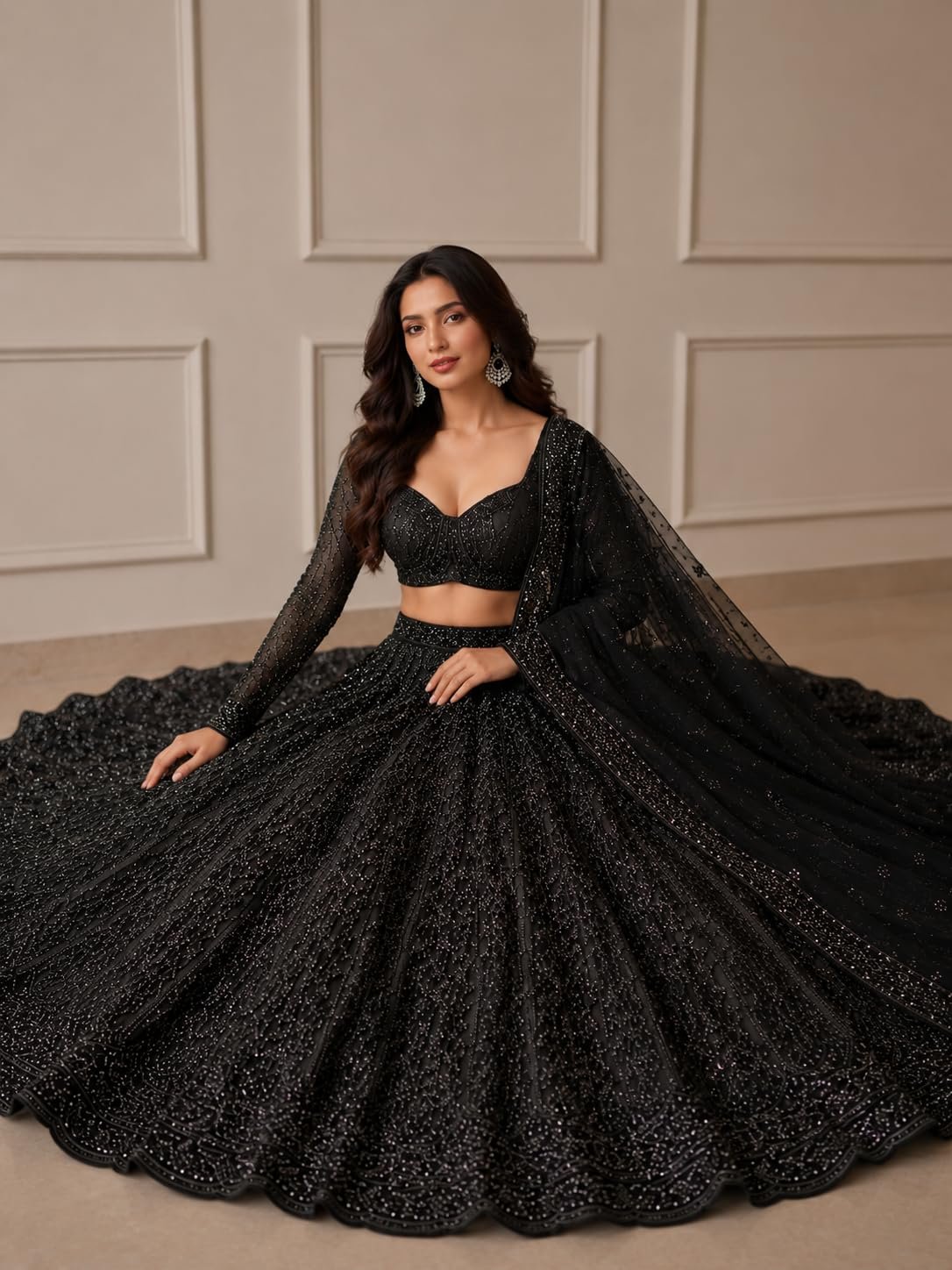 Black Georgette Lehenga Choli Set for Women, Ethnic Style, Handwork Embroidery, Wedding Occasion, 3 Piece Set (Black)