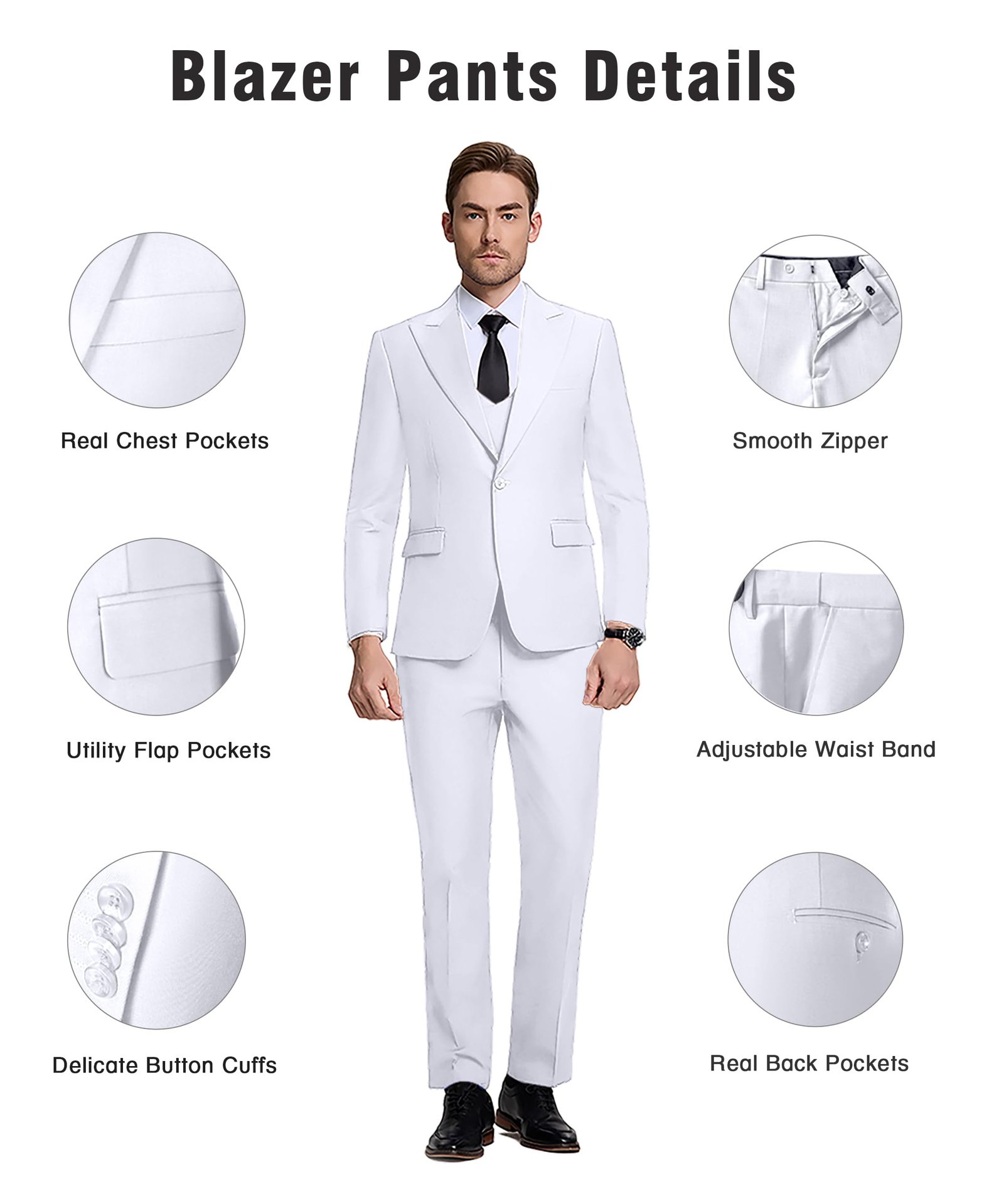 Mens 3 Piece Slim Fit Suit Set, Double Breasted Blazer Vest Pants Business Tuxedo Dress, White, XS
