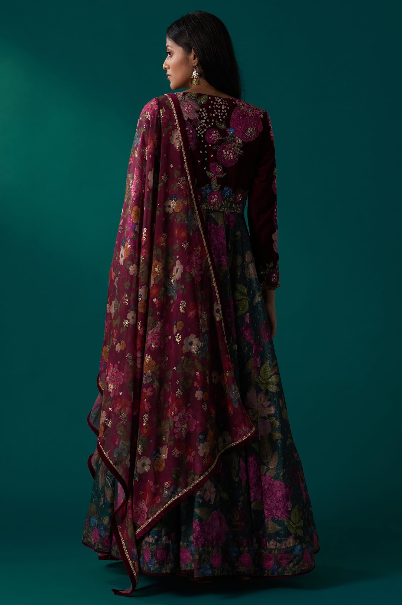 Women's Green Floral Printed Sequined Yoke Festive Anarkali Dress with Churidar and Dupatta Set (SP12848-126754)