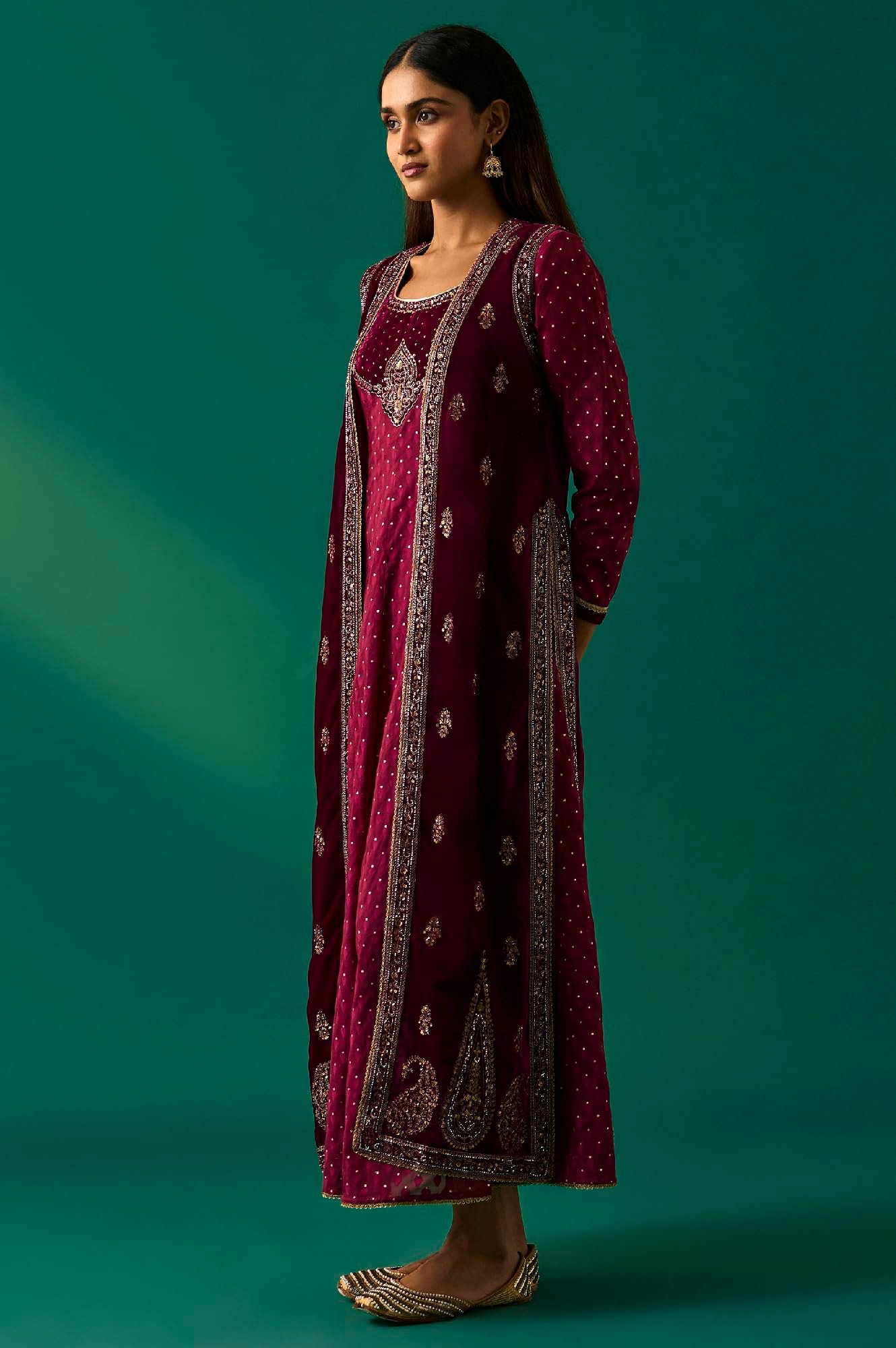 Women's Maroon Embroidered Anarkali Gilet with Dress and Churidar Set - (SP12855-218120)