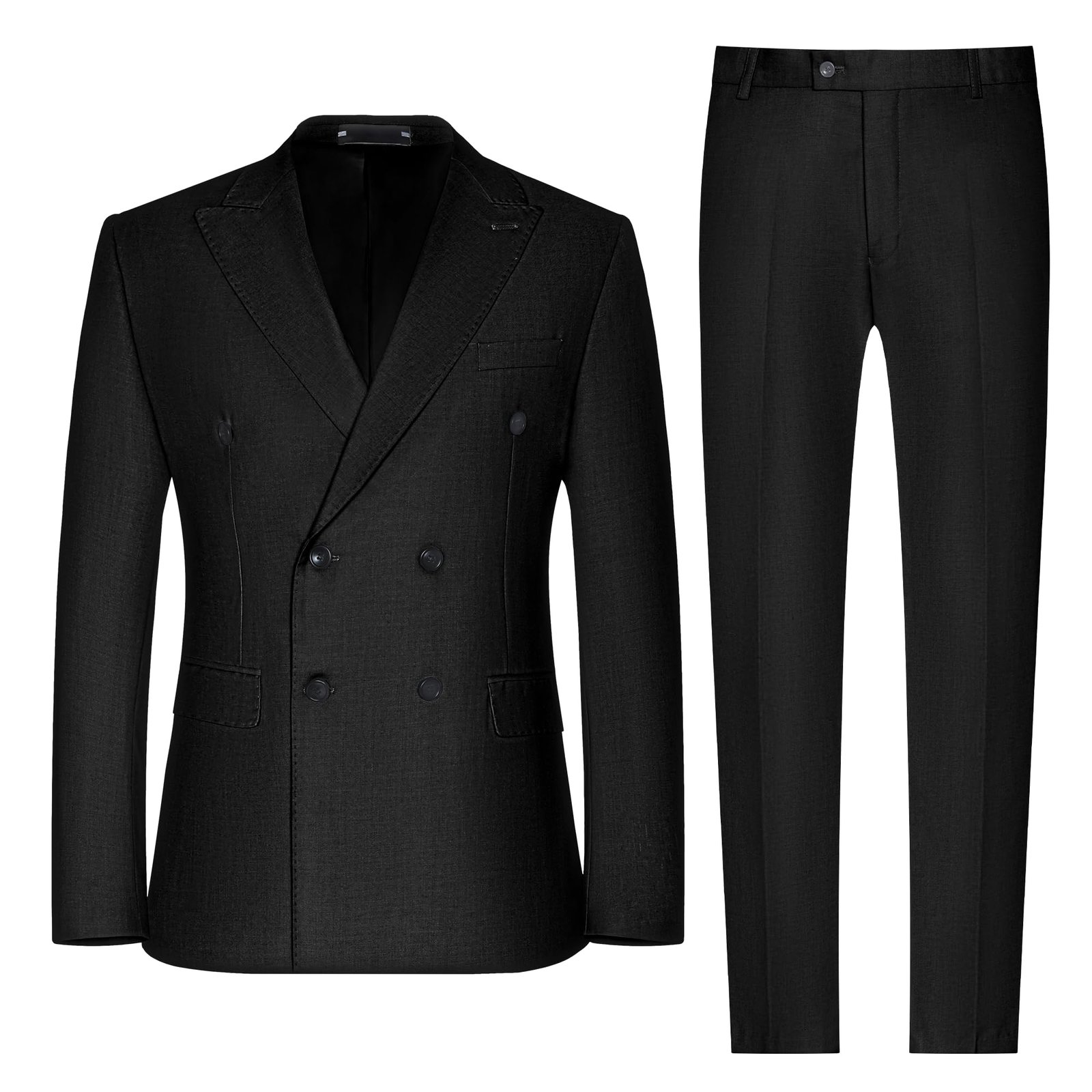 Mens Double Breasted Suit Slim Fit Solid Suit Jacket and Dress Pants 2 Piece Set Prom Wedding Suits for Men, Black