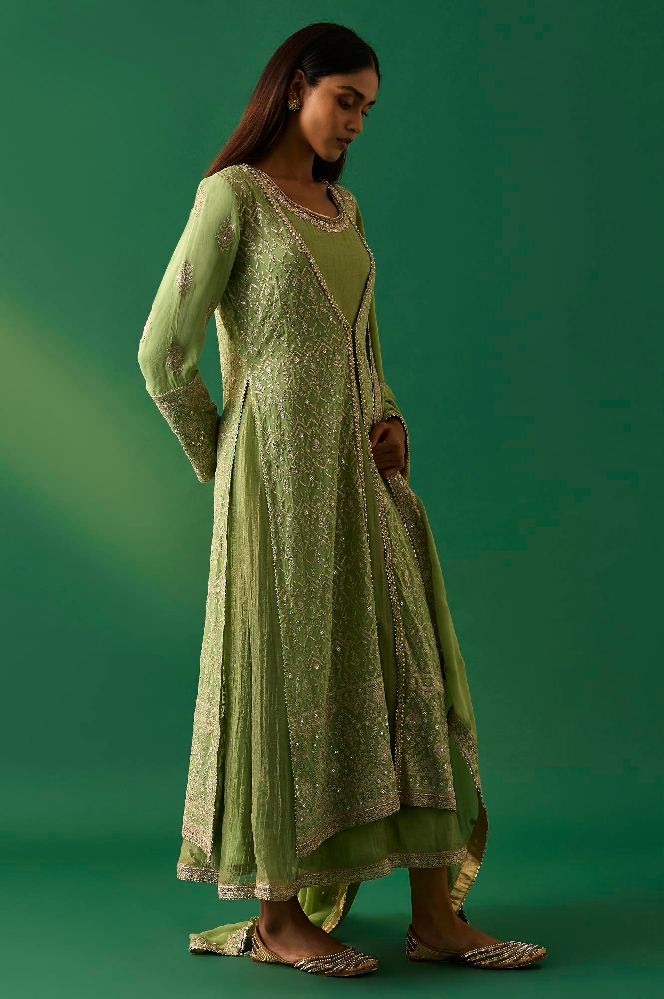 Women's Green Embroidered Anarkali Dress with Churidar and Dupatta Set - (SP12858-401187)