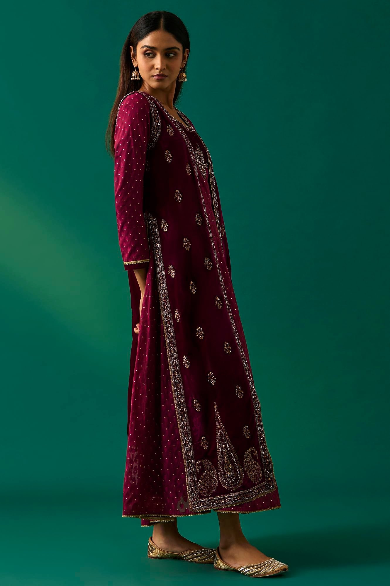 Women's Maroon Embroidered Anarkali Gilet with Dress and Churidar Set - (SP12855-218120)