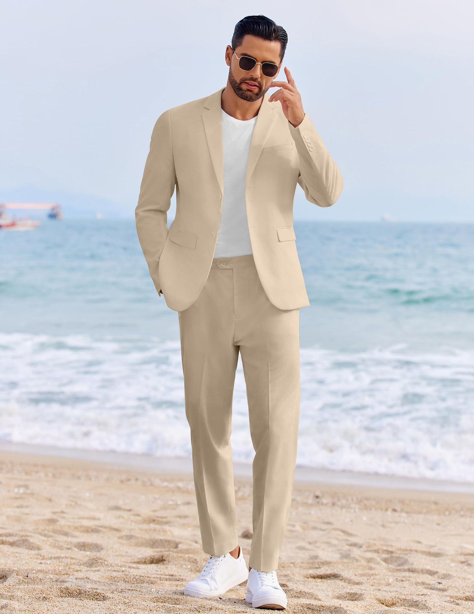 Men 2 Piece Cotton Linen Suits Set Casual Lightweight Blazer Jacket Regular Fit Suit Pants, Khaki