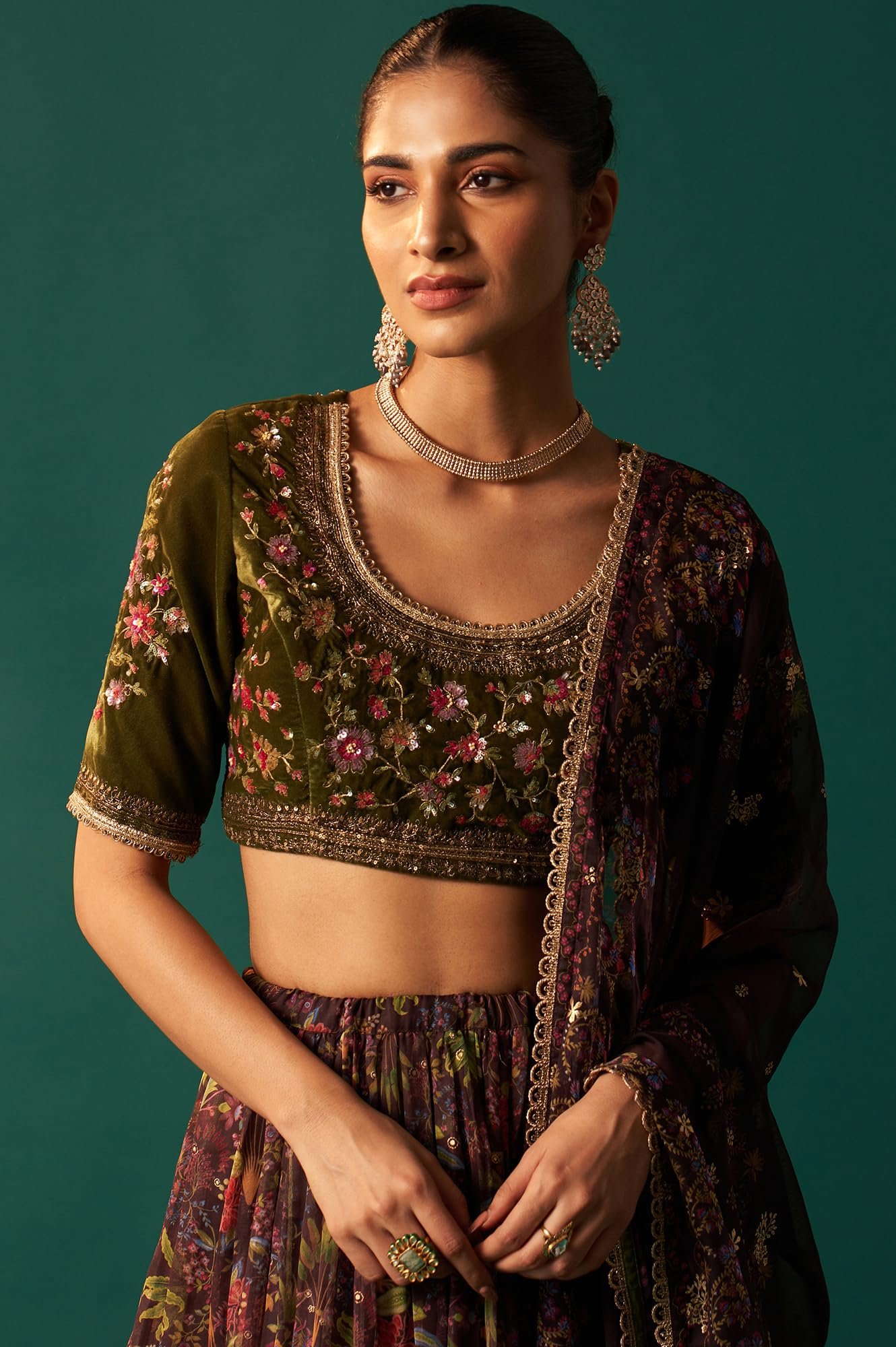 Women's Green Embroidered Velvet Blouse with Floral Printed Skirt and Dupatta Set (SP12875-223812)