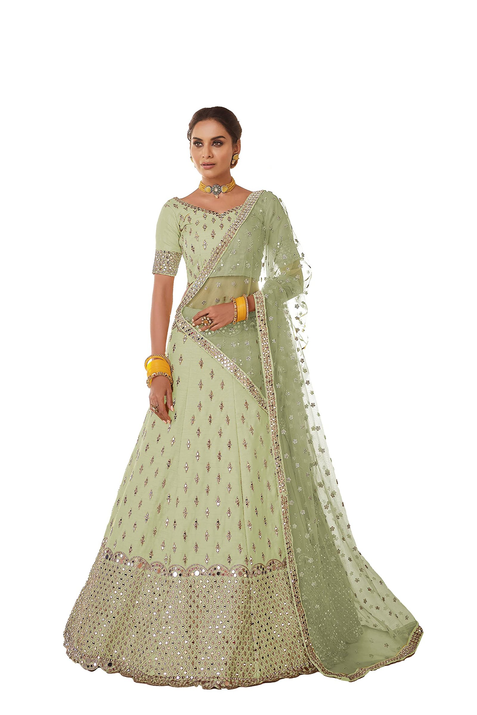 Pista Green Color Art Silk Fabric Mirror Work Lehenga Choli For Women