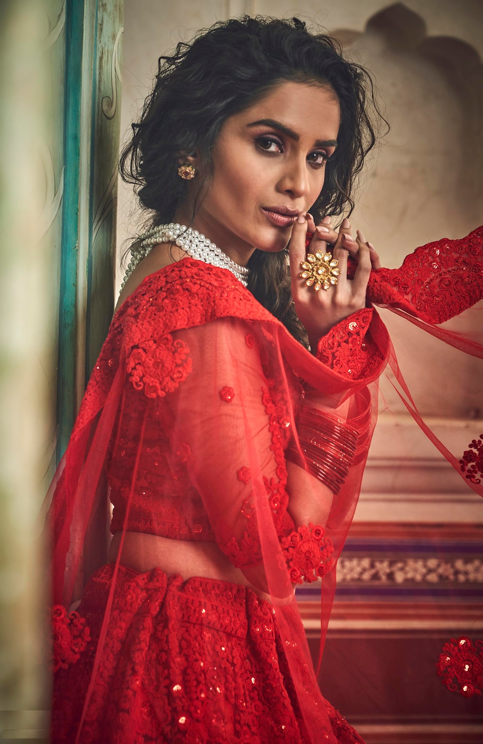 Women's Net Semi Stitched Lehenga Choli with Dupatta | Traditional, Wedding, Ethnic Wear Lehenga | Dori and Sequin Embroidery Pattern (Red)