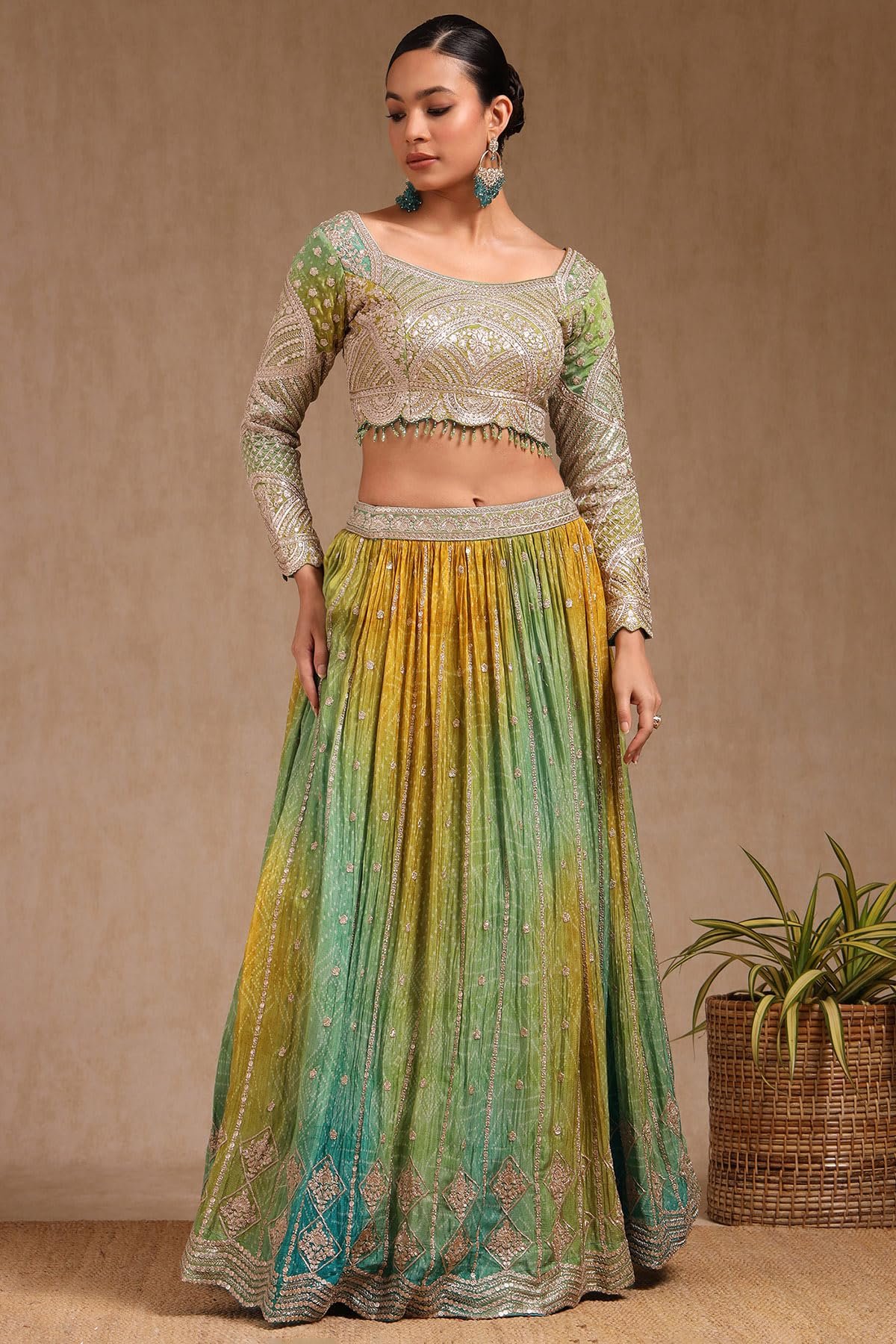 Womens Green Viscose Bandhani Print Lehenga Choli With Zari