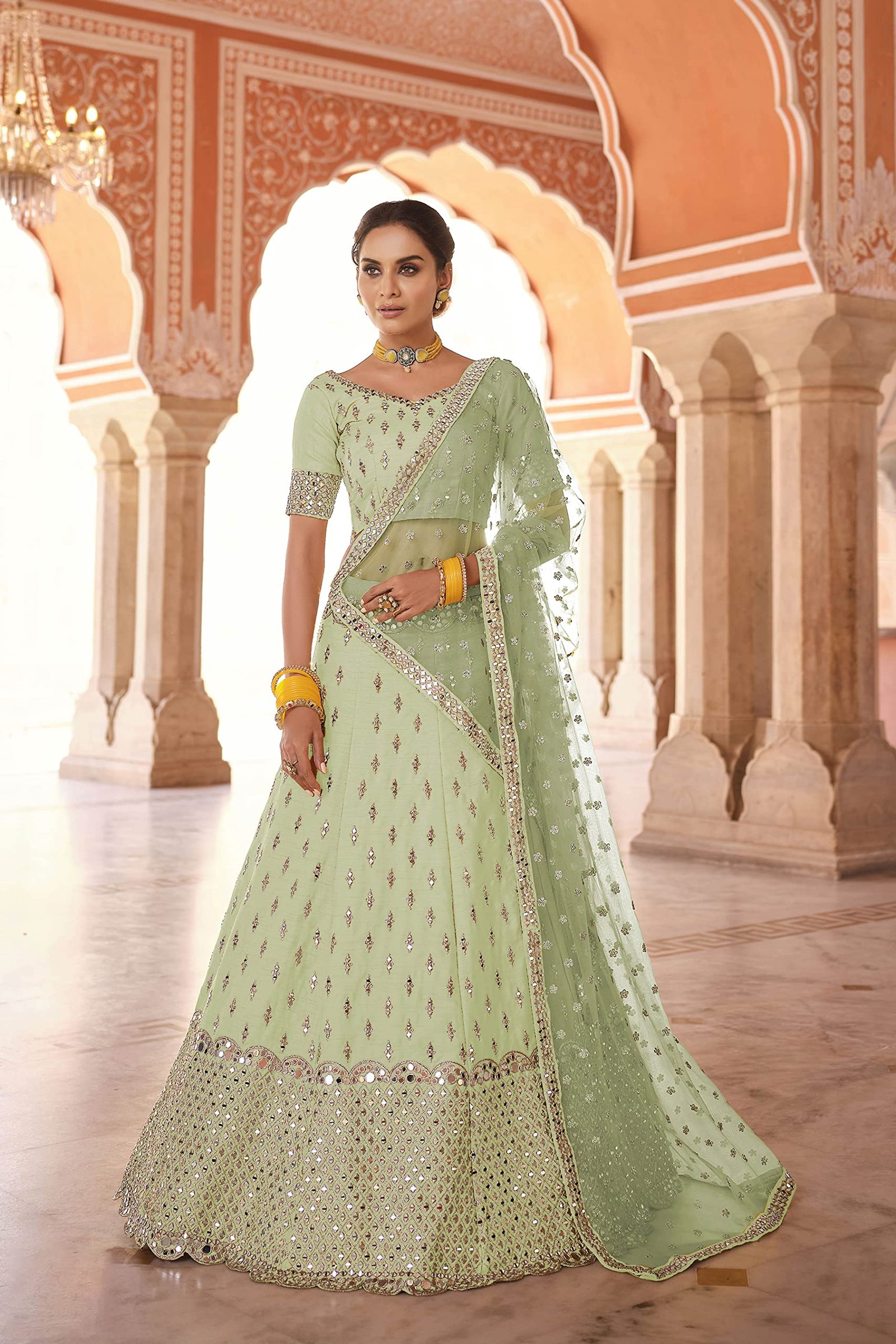 Pista Green Color Art Silk Fabric Mirror Work Lehenga Choli For Women