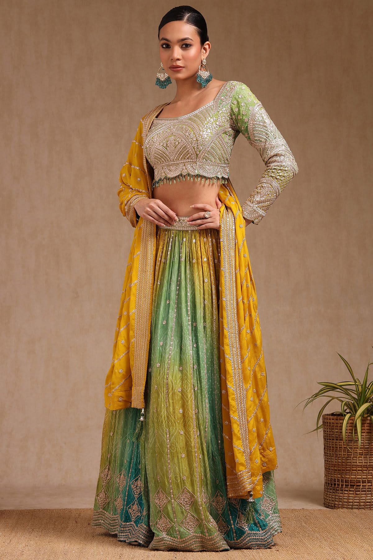 Womens Green Viscose Bandhani Print Lehenga Choli With Zari