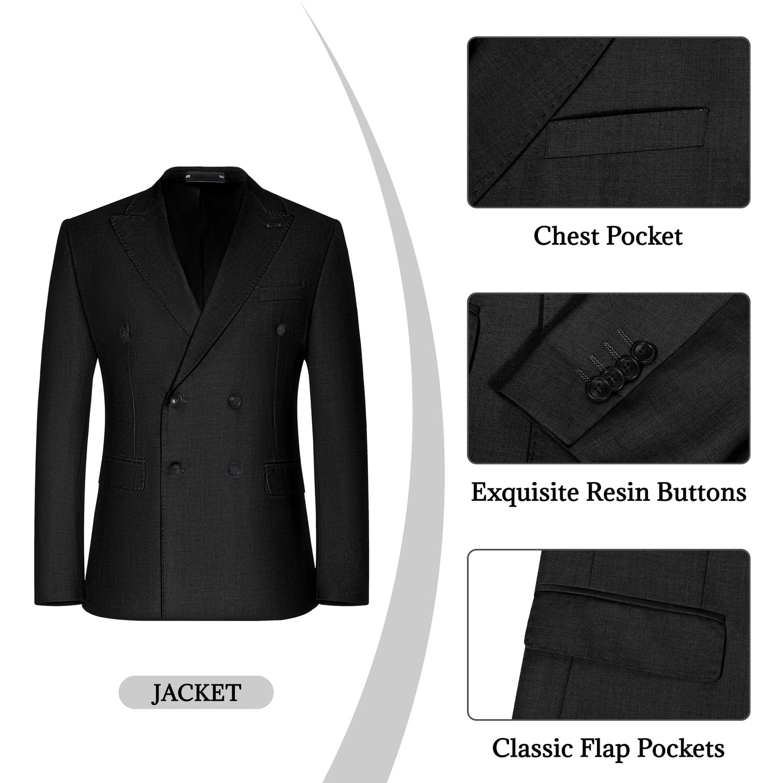 Mens Double Breasted Suit Slim Fit Solid Suit Jacket and Dress Pants 2 Piece Set Prom Wedding Suits for Men, Black