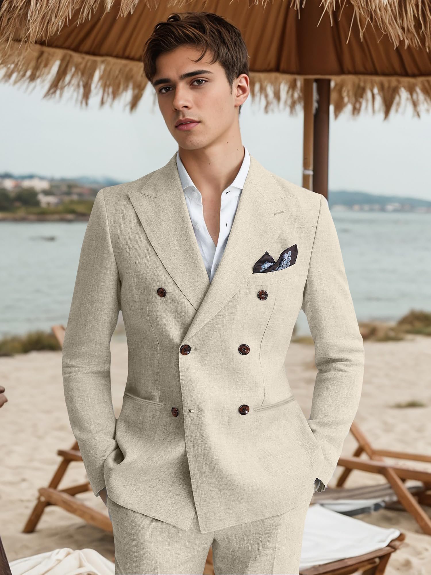 Mens Suits Linen 2 Piece Suit for Men Peak Lapel Slim Fit Suits Set Double Breasted Tuxedos for Wedding Prom, Beige
