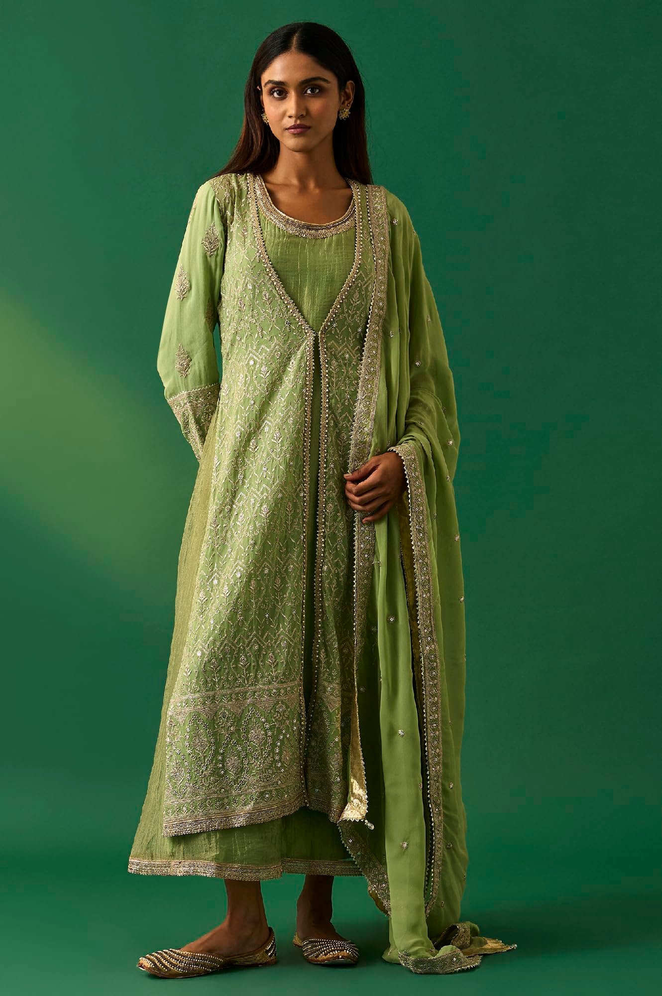 Women's Green Embroidered Anarkali Dress with Churidar and Dupatta Set - (SP12858-401187)