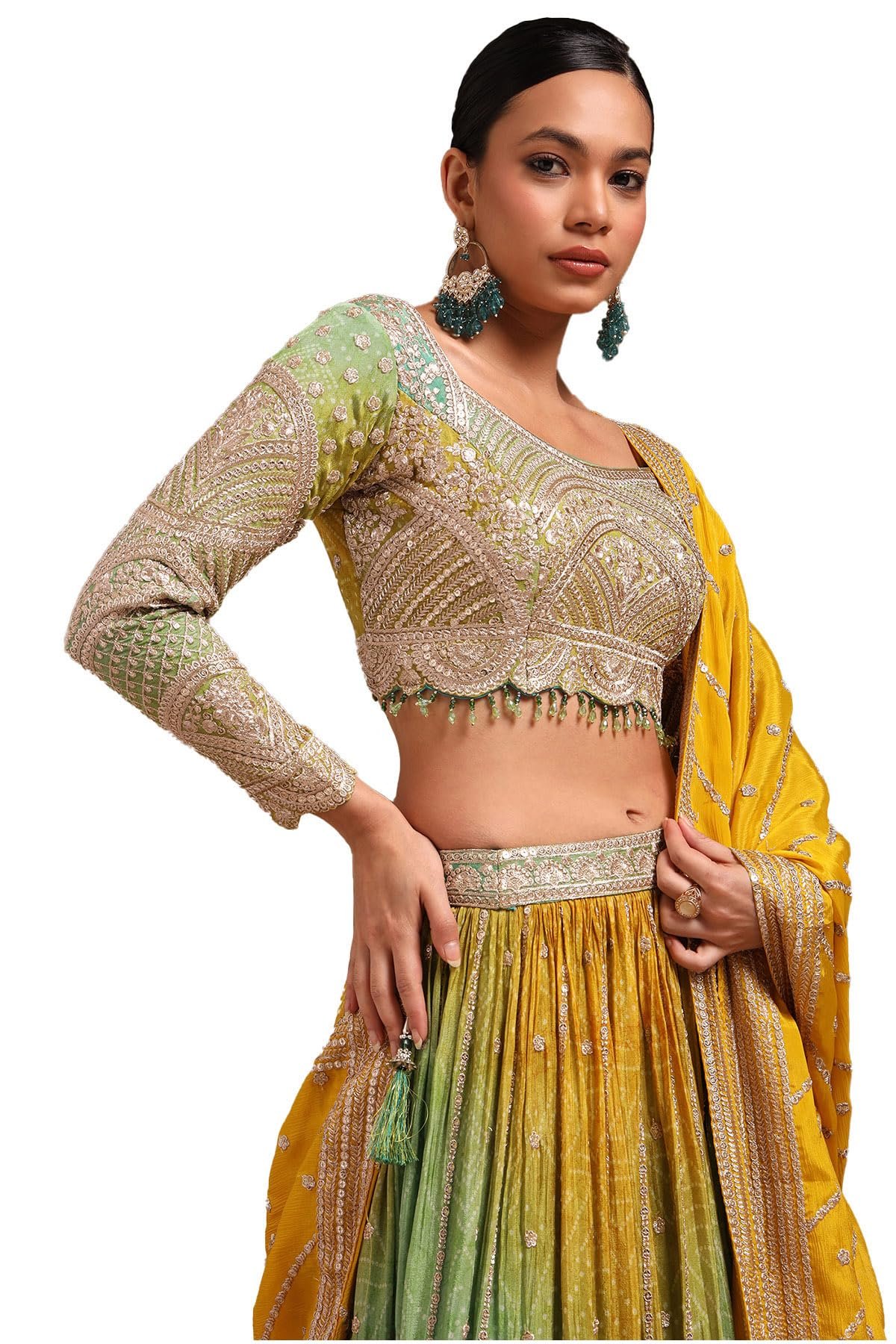 Womens Green Viscose Bandhani Print Lehenga Choli With Zari