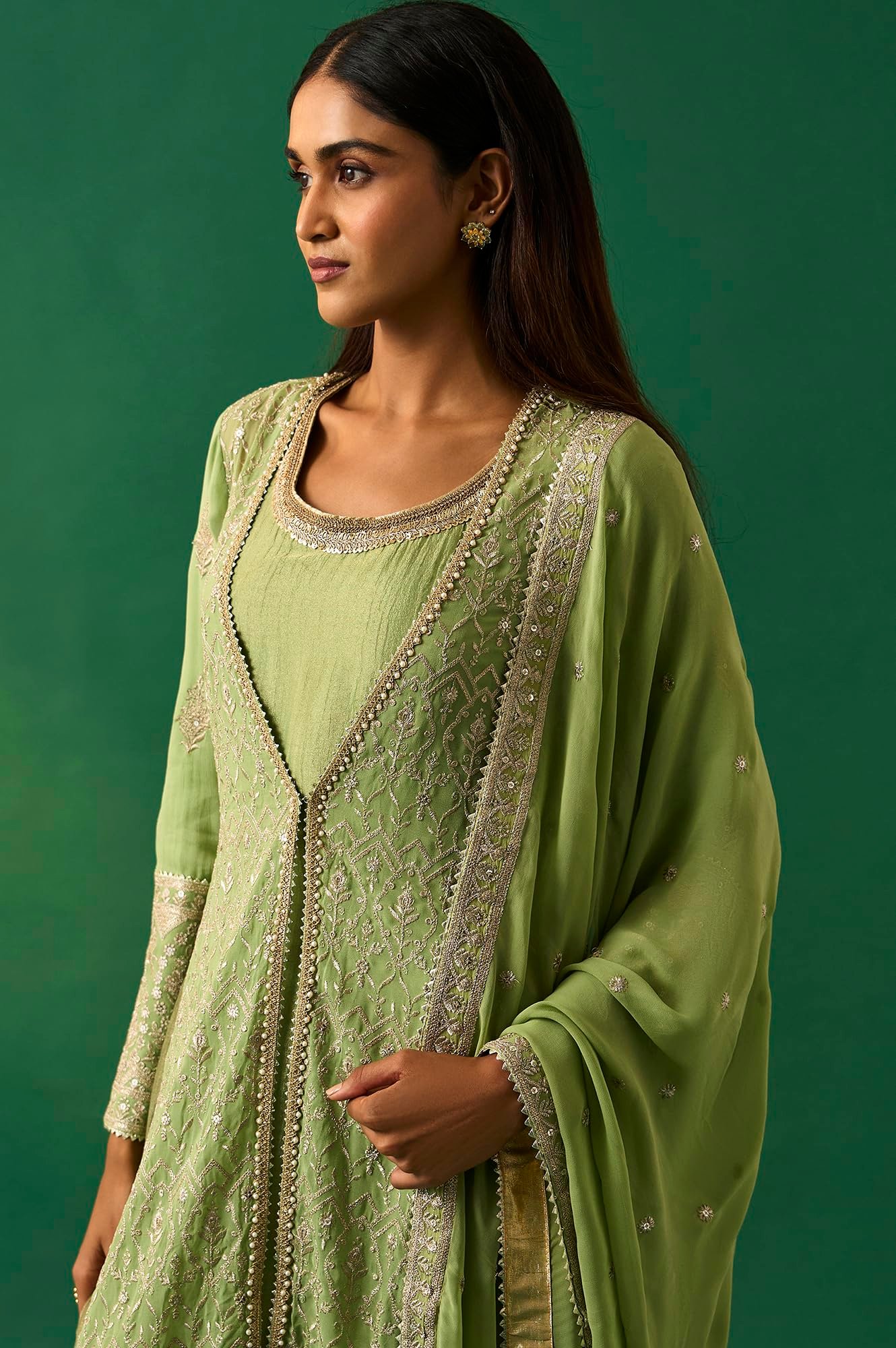 Women's Green Embroidered Anarkali Dress with Churidar and Dupatta Set - (SP12858-401187)