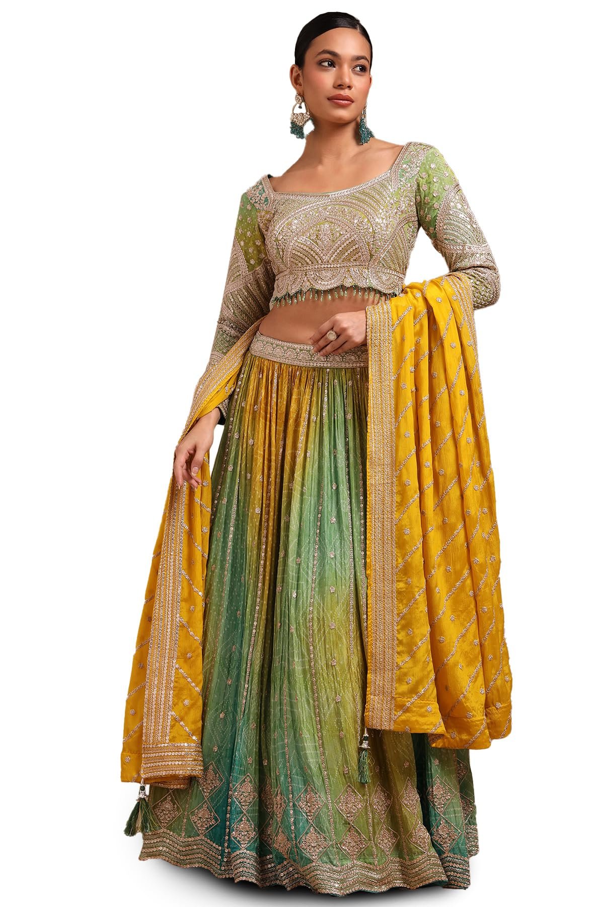 Womens Green Viscose Bandhani Print Lehenga Choli With Zari