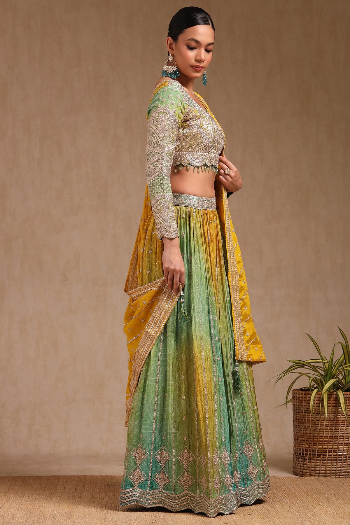 Womens Green Viscose Bandhani Print Lehenga Choli With Zari