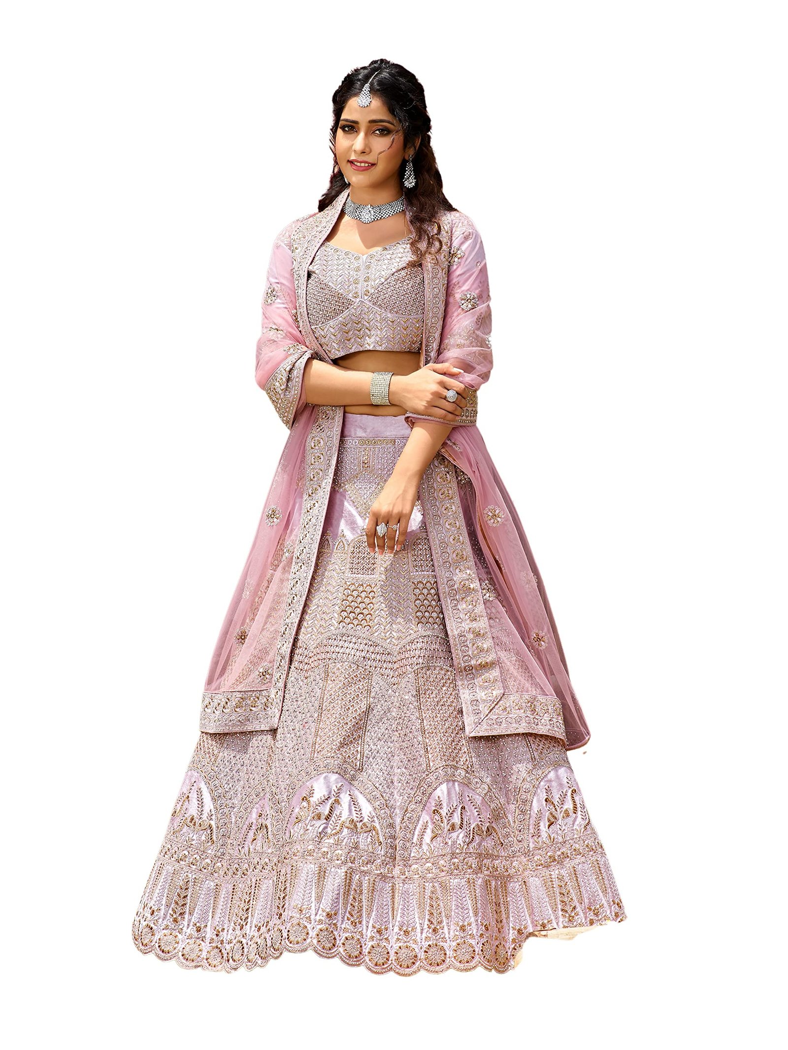 Women Velvet Lehenga Choli Semi-Stitched Baby Pink Free Size