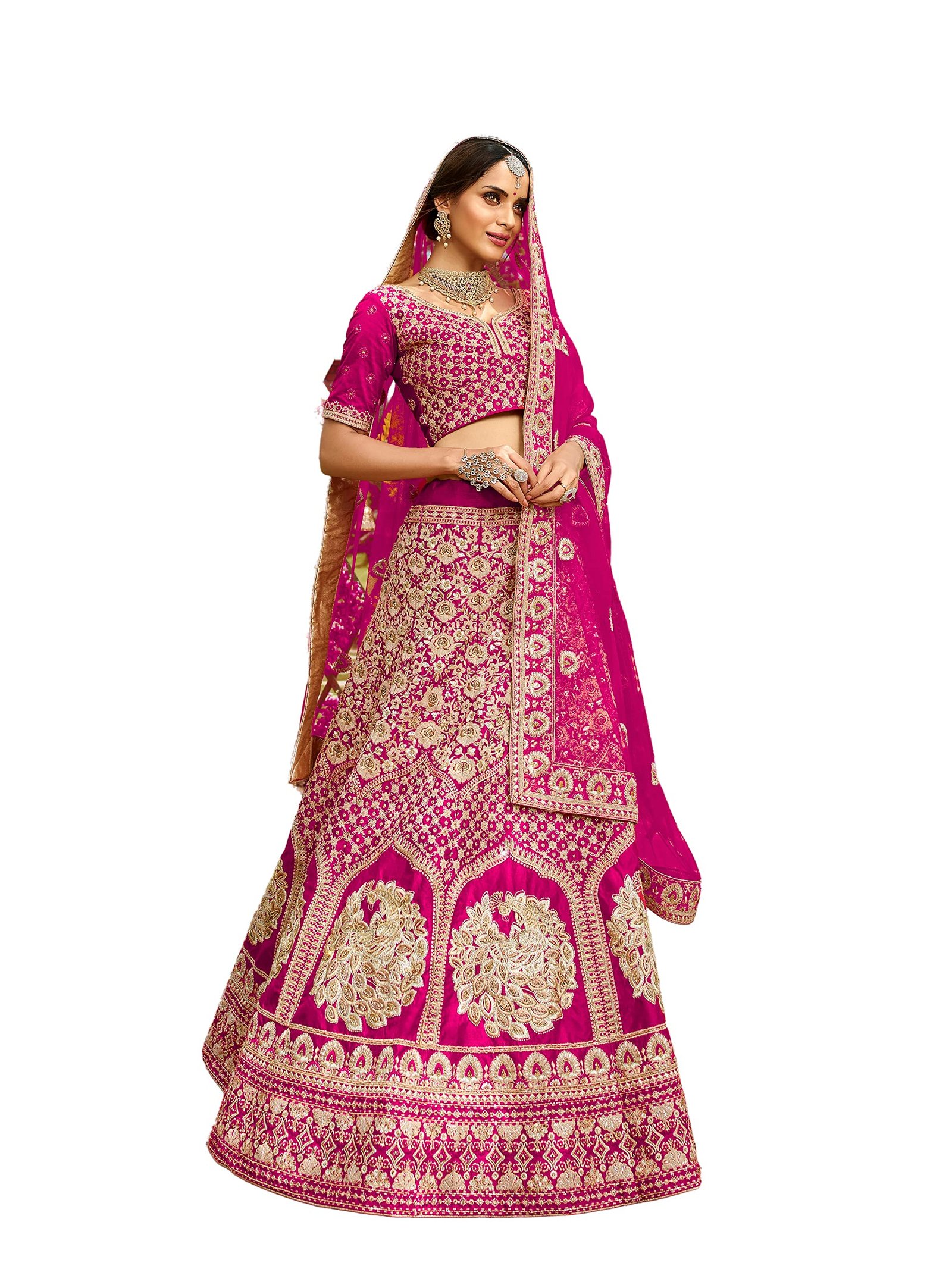 Women Raw Silk Lehenga Choli Semi-Stitched Hot Pink Free Size