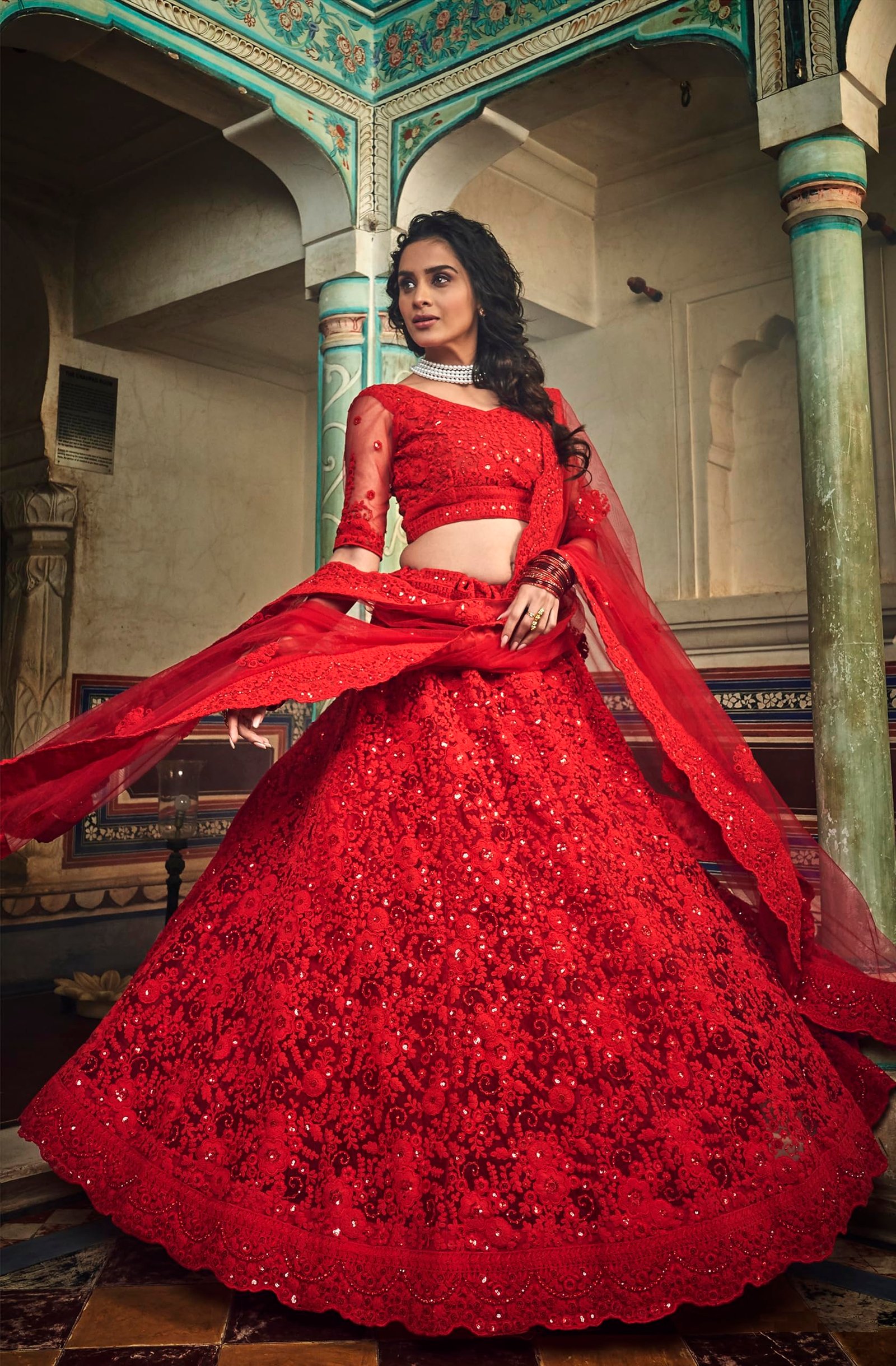 Women's Net Semi Stitched Lehenga Choli with Dupatta | Traditional, Wedding, Ethnic Wear Lehenga | Dori and Sequin Embroidery Pattern (Red)