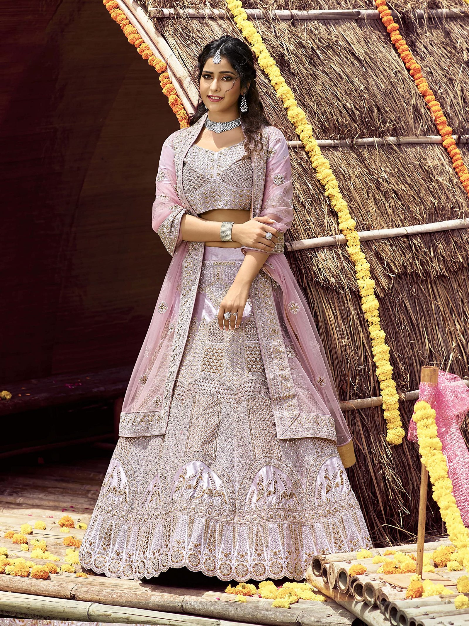 Women Velvet Lehenga Choli Semi-Stitched Baby Pink Free Size