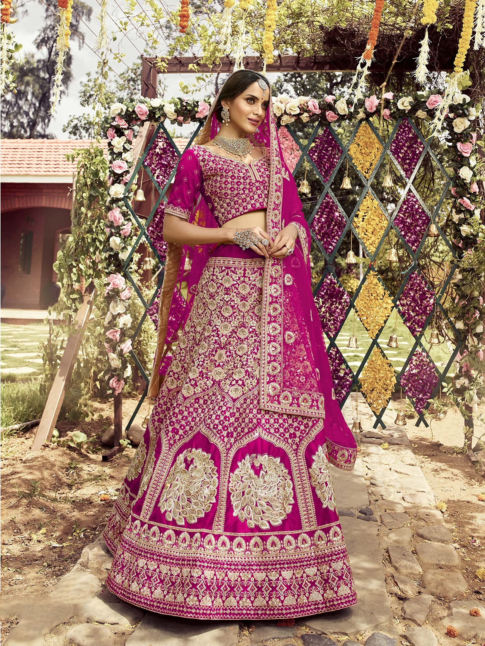 Women Raw Silk Lehenga Choli Semi-Stitched Hot Pink Free Size